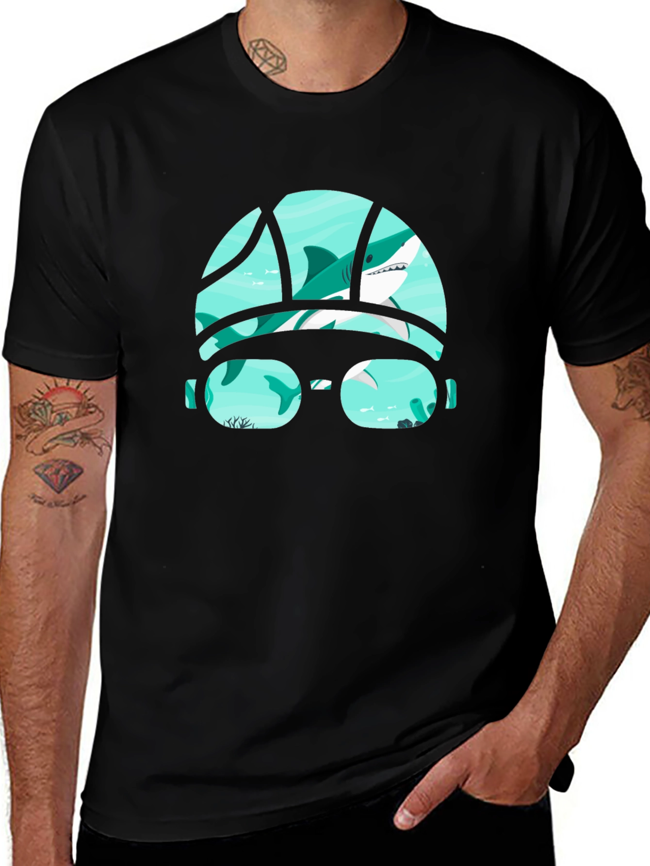 Shark Swimmer Graphic Tee - Black Cotton T-Shirt