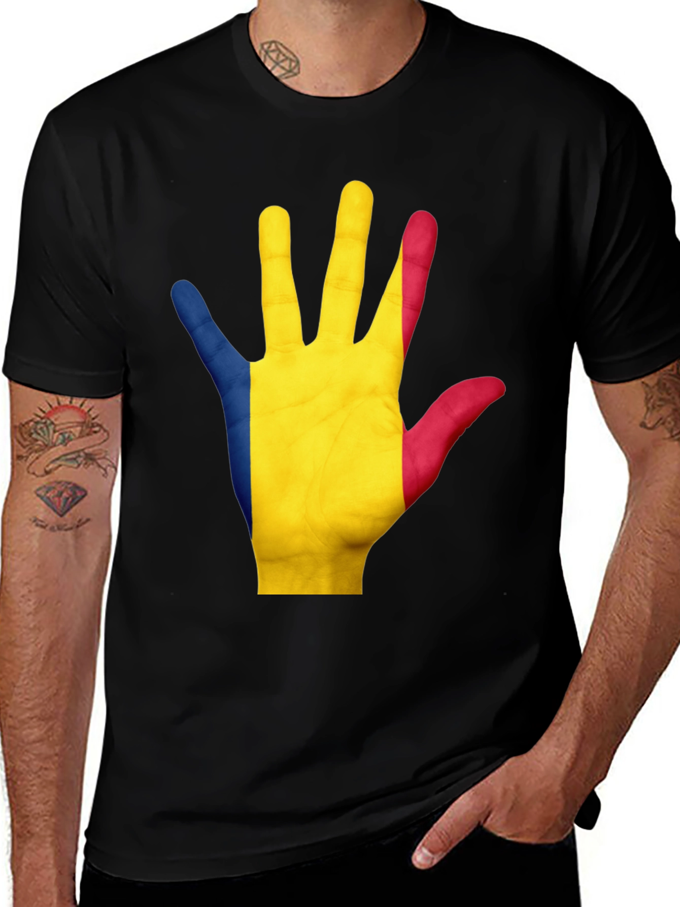 Variant 27 of Romania Flag Hand Graphic Black Tee Shirt
