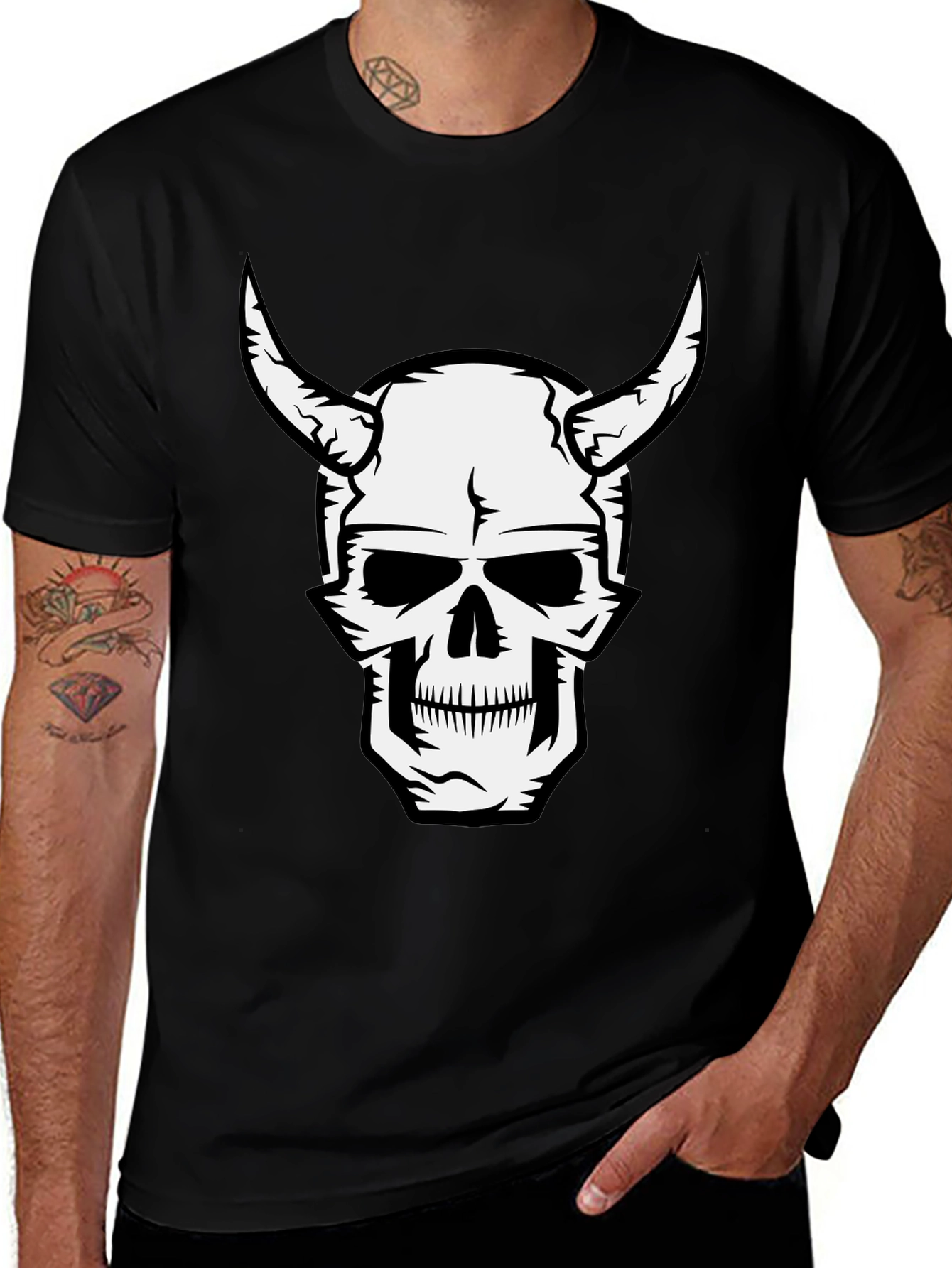 Variant 6 of Skull with Horns Graphic Tee - Men's Black T-Shirt