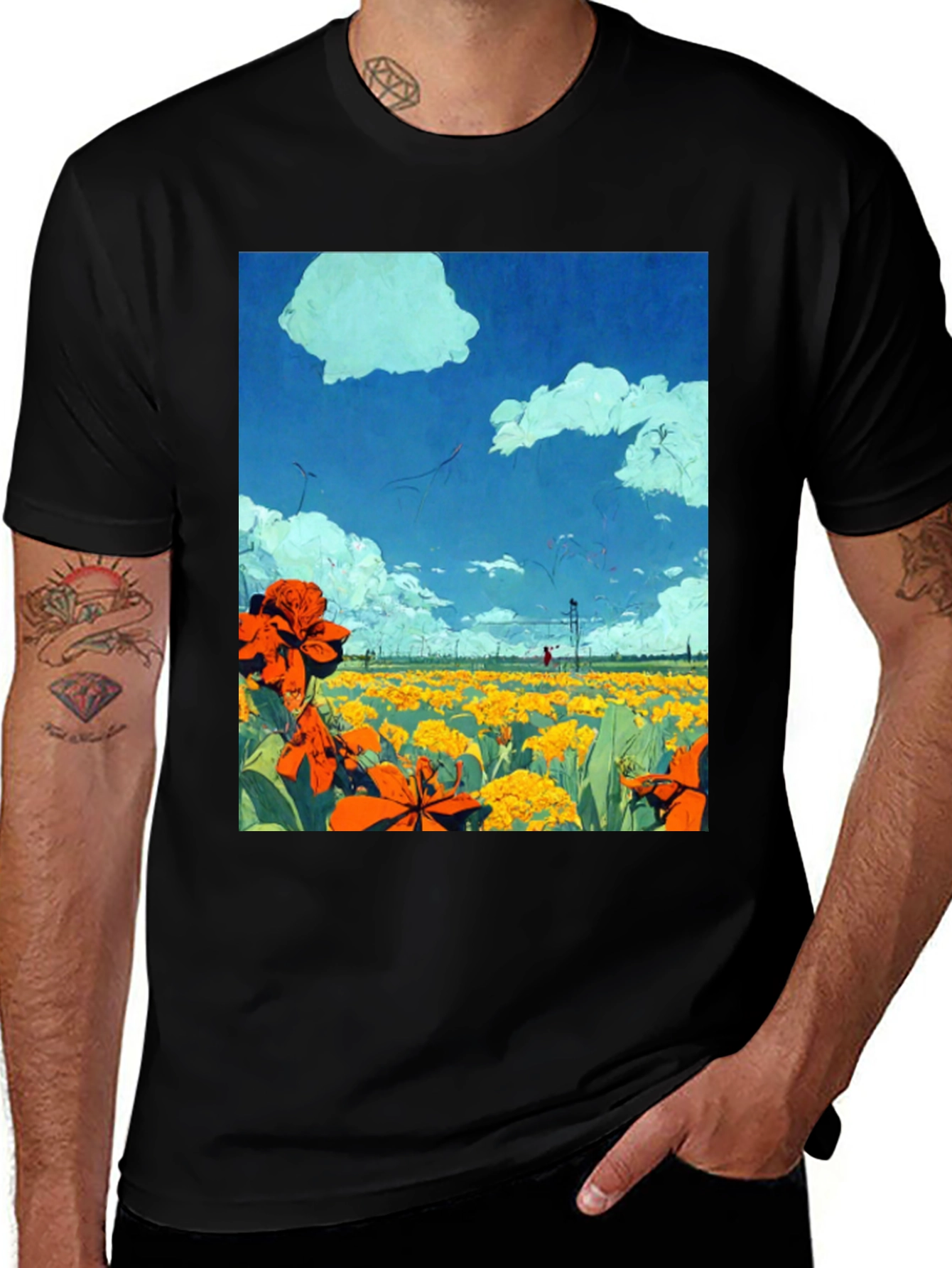 Floral Field Graphic Tee - Black Cotton Comfort