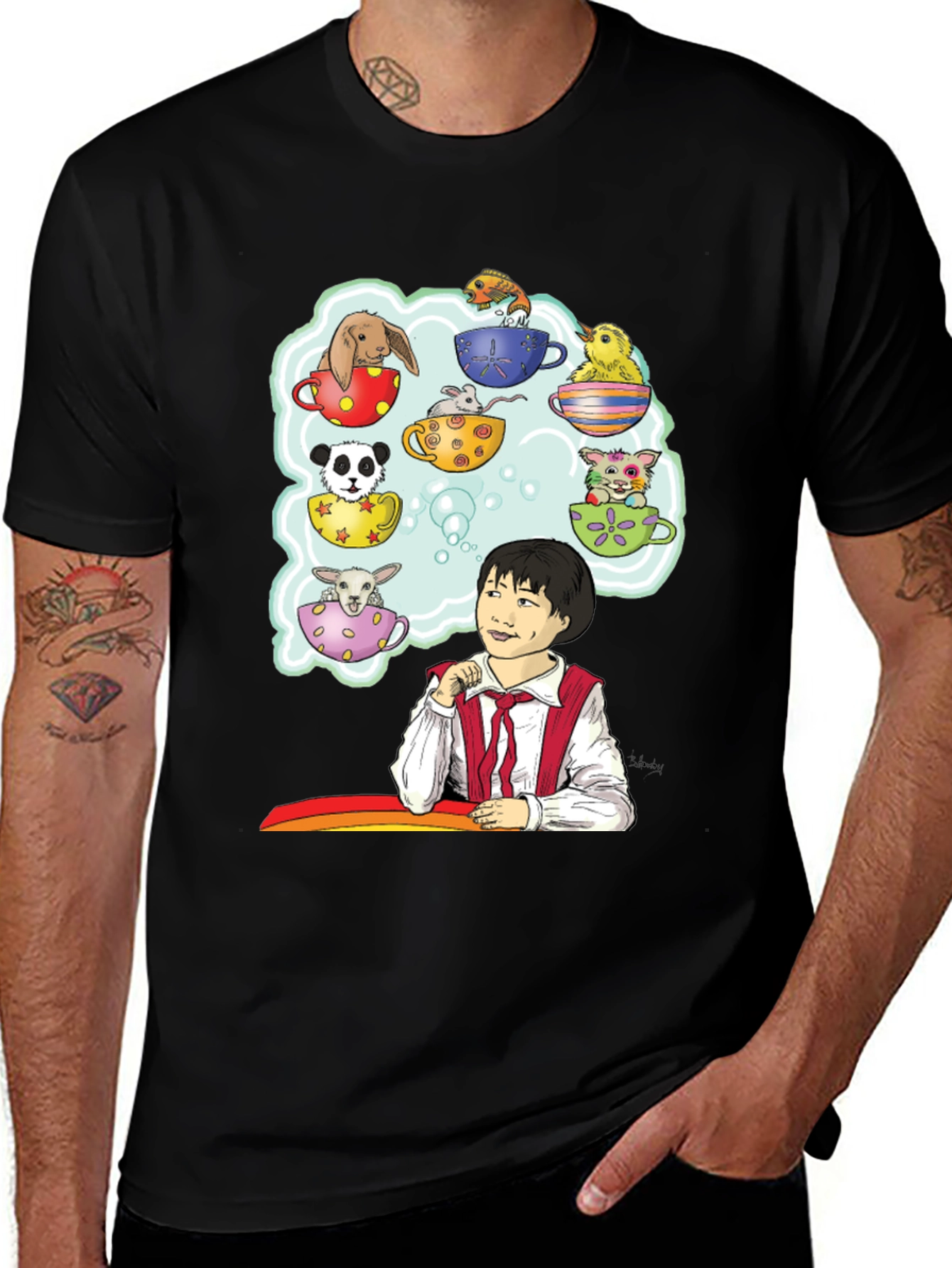 Variant 21 of Cute Teacup Animals Graphic Tee - Whimsical Black T-Shirt