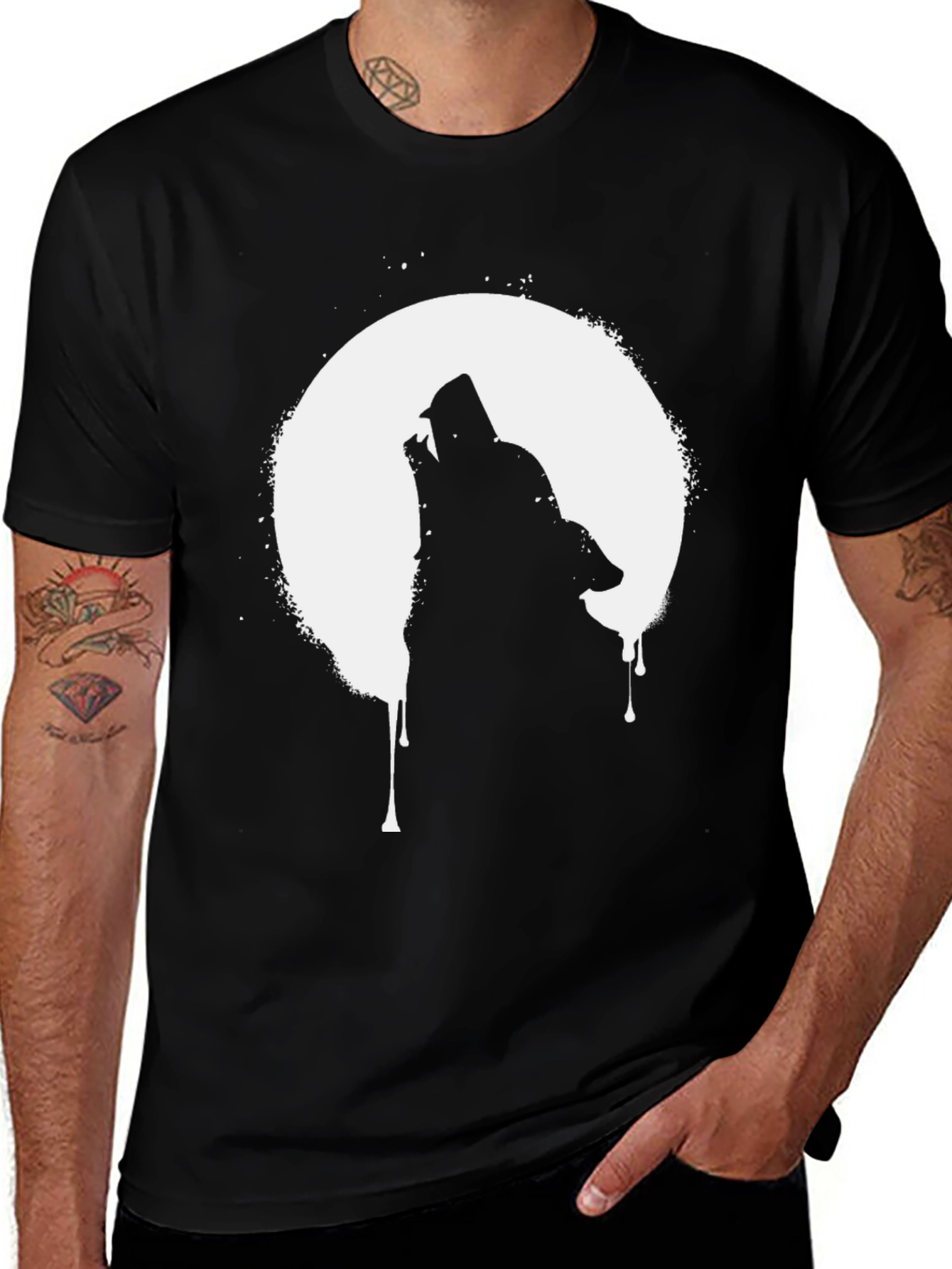 Variant 3 of Wolf Howling at Moon Graphic T-Shirt - Black