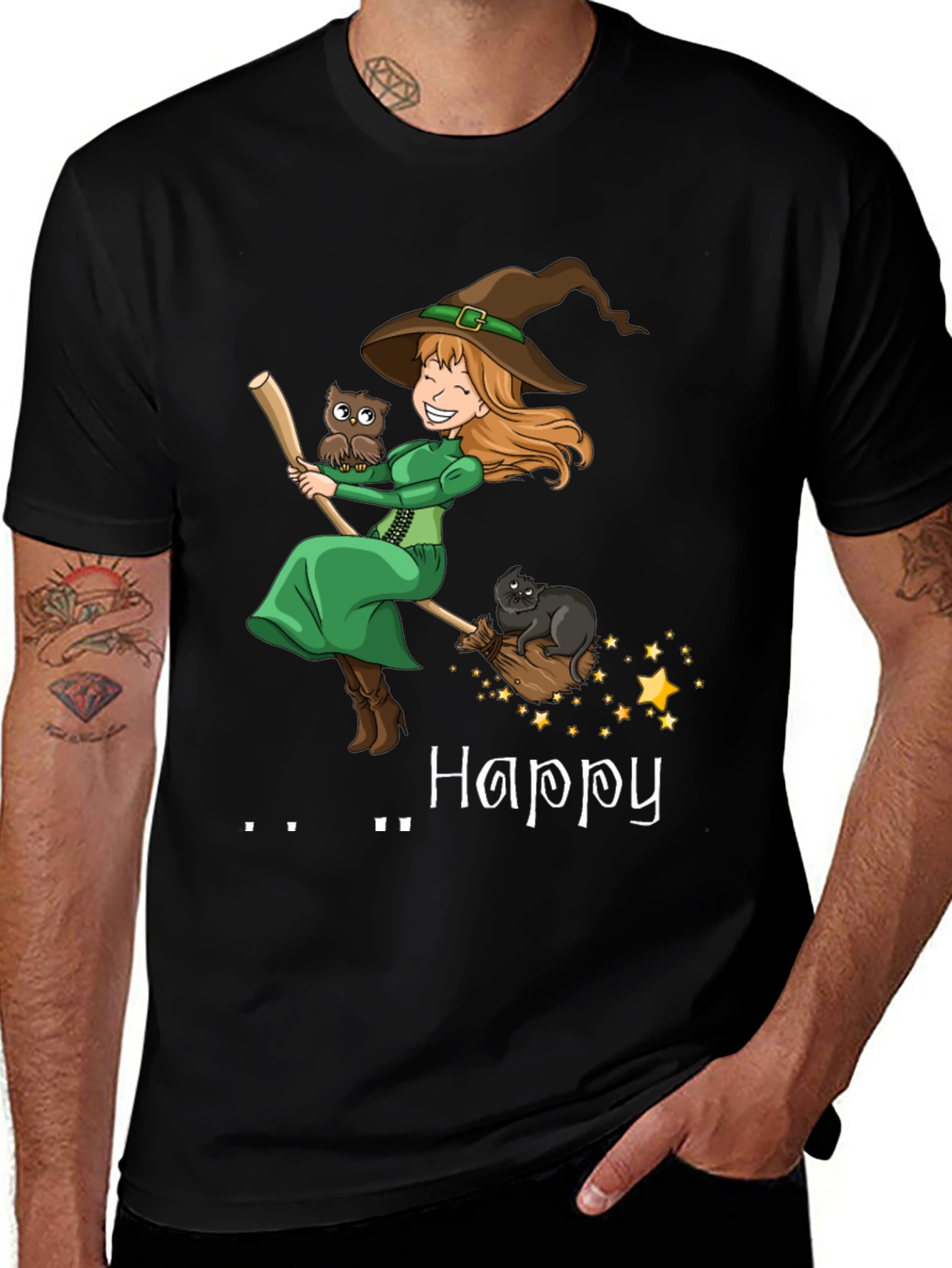 Happy Witch T-Shirt - Halloween Tee with Cat & Owl