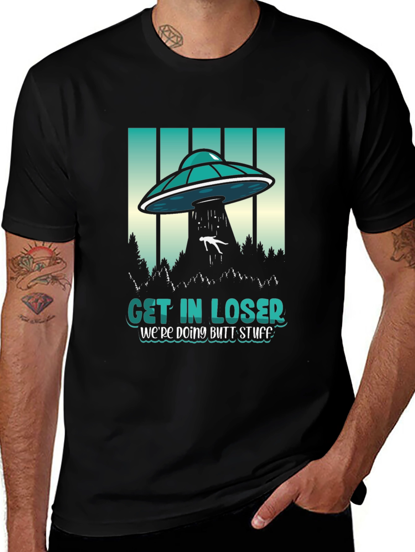 Black Get In Loser Graphic Tee - UFO Abduction Humor main image