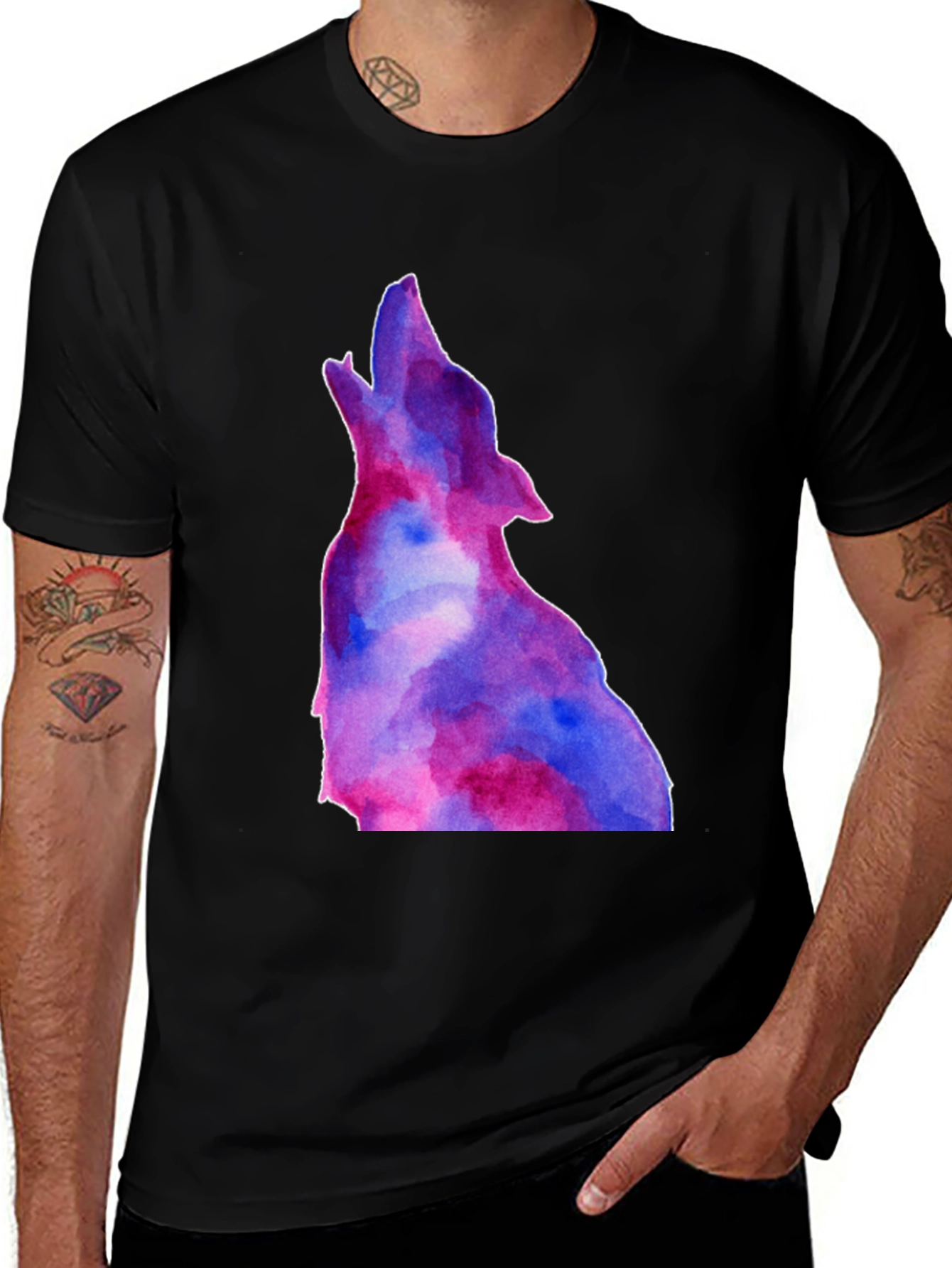 Variant 14 of Watercolor Wolf Graphic Tee - Black Cotton Blend