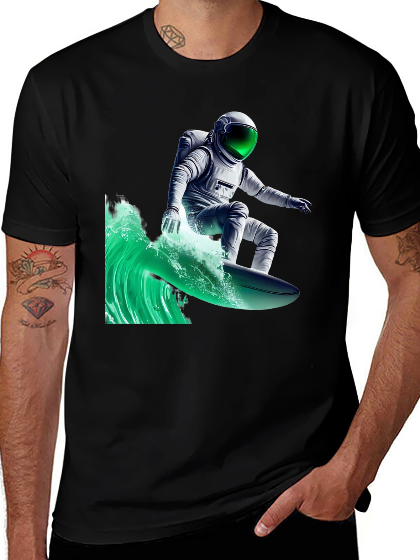 Variant 5 of Surfing Astronaut Graphic Tee - Black Cotton Comfort