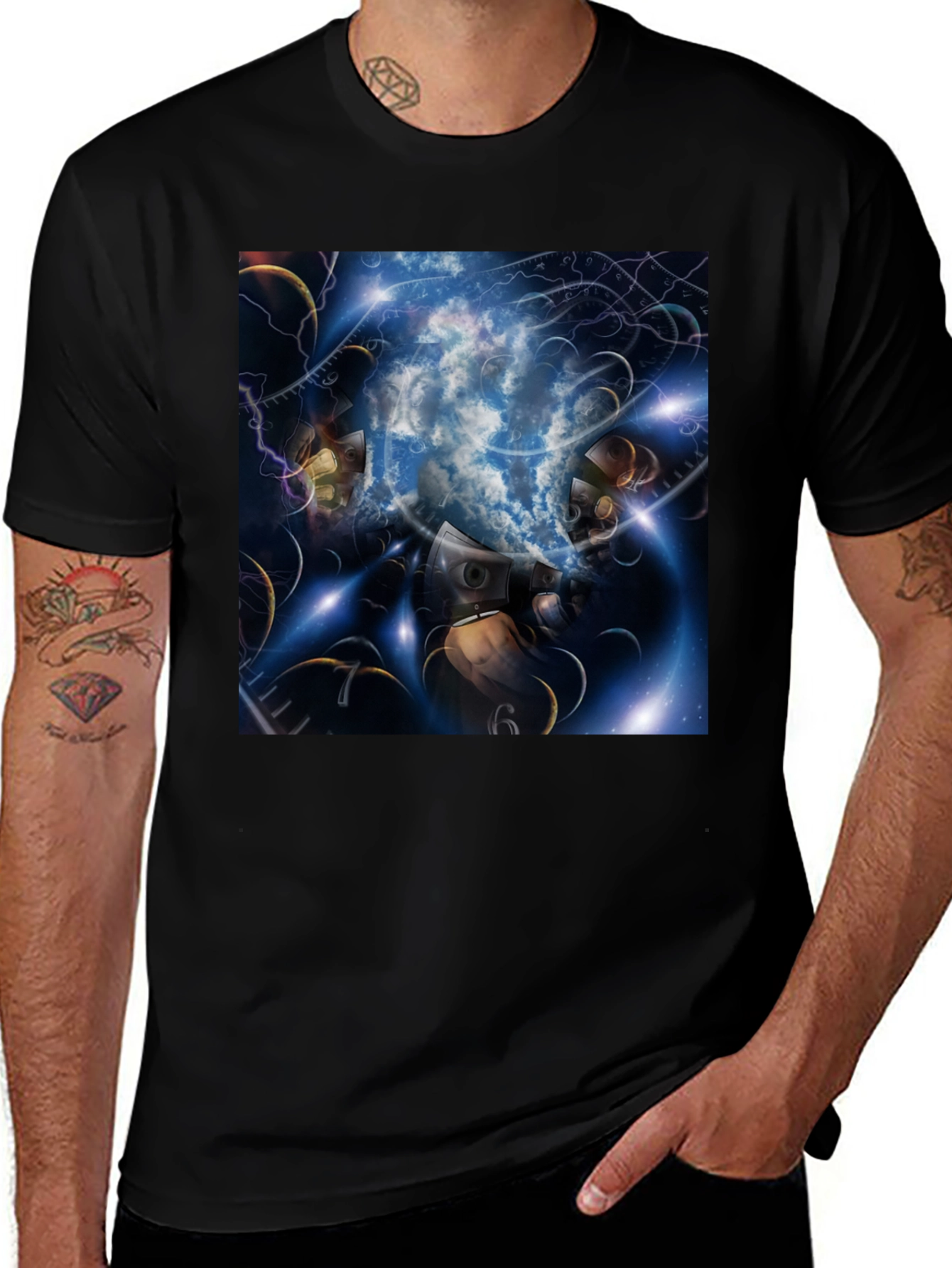 Black Surreal Clockwork Dreamscape Graphic Tee main image