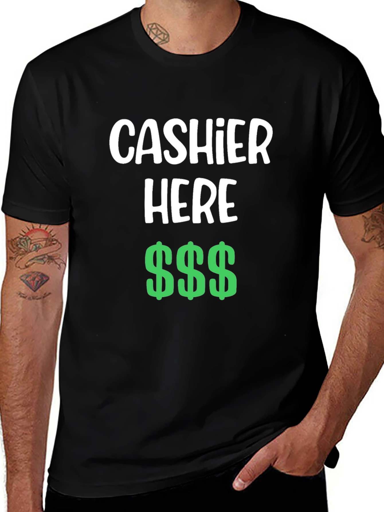 Variant 21 of Cashier Here Funny T-Shirt - Black Crew Neck Tee