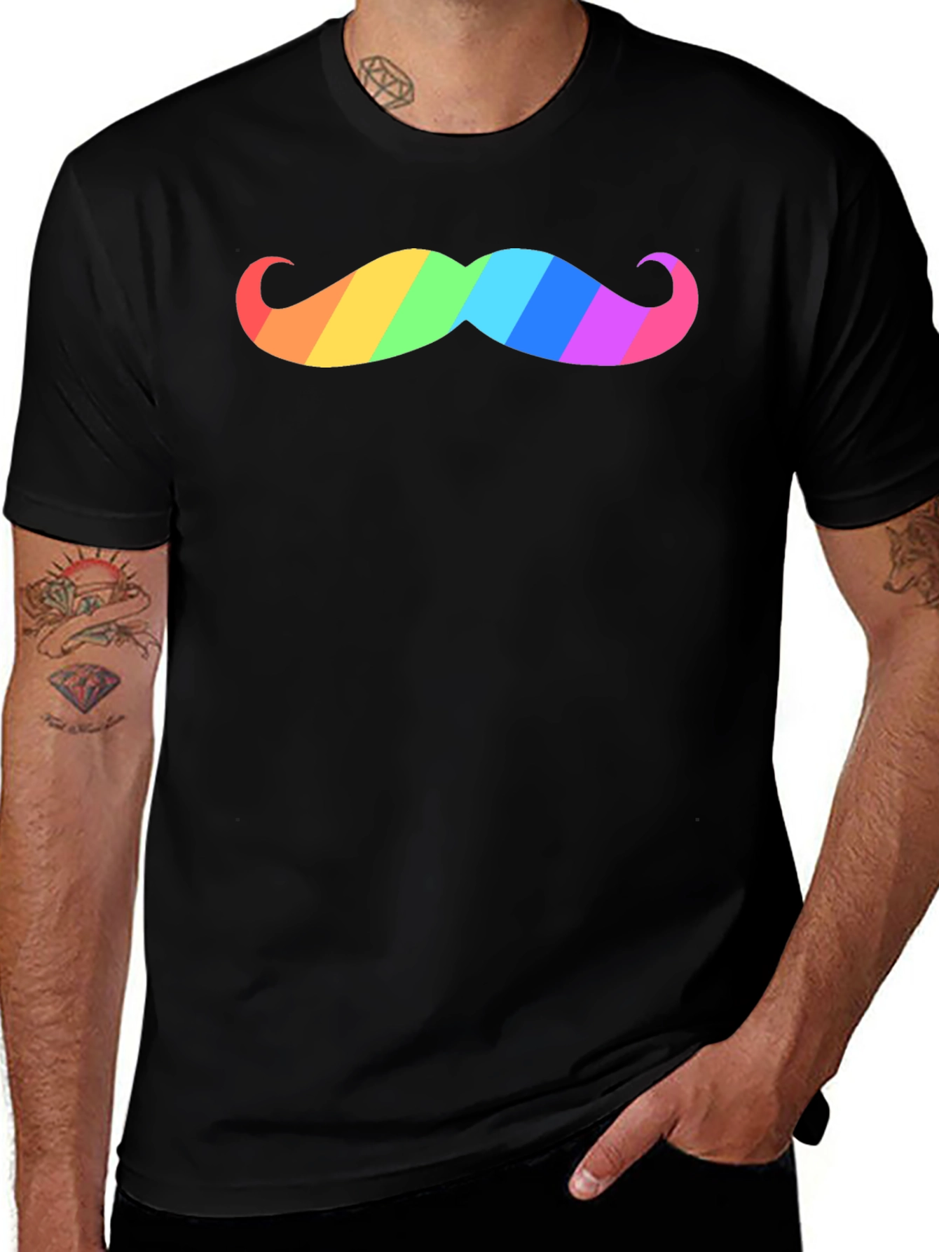 Variant 25 of Rainbow Mustache Graphic Tee - Black Cotton T-Shirt