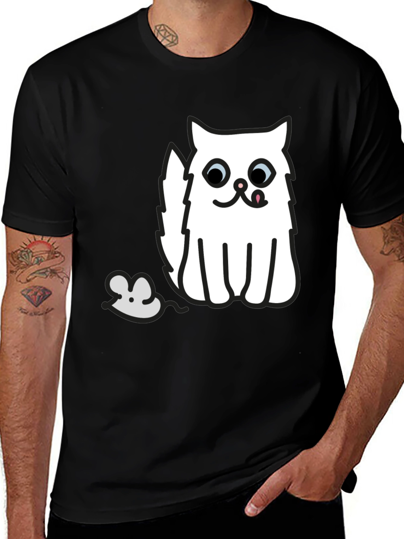 Variant 7 of Black T-Shirt with Cat and Mouse Graphic