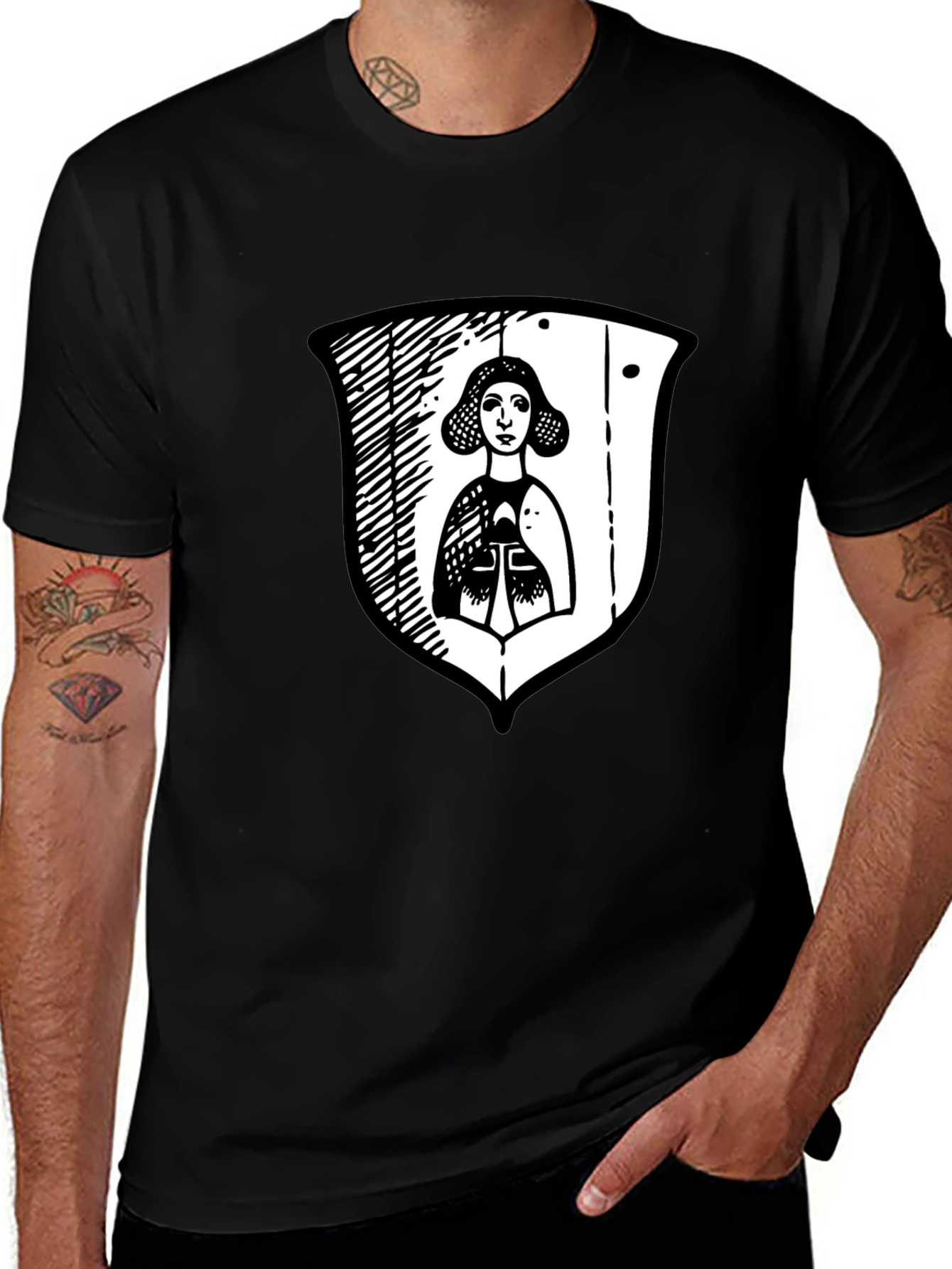 Variant 3 of Black Graphic Tee with Medieval Lady Shield