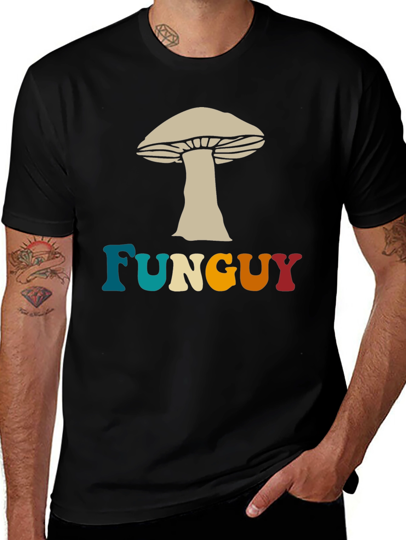 Variant 16 of Fun Guy Mushroom Graphic Tee - Black Cotton T-Shirt