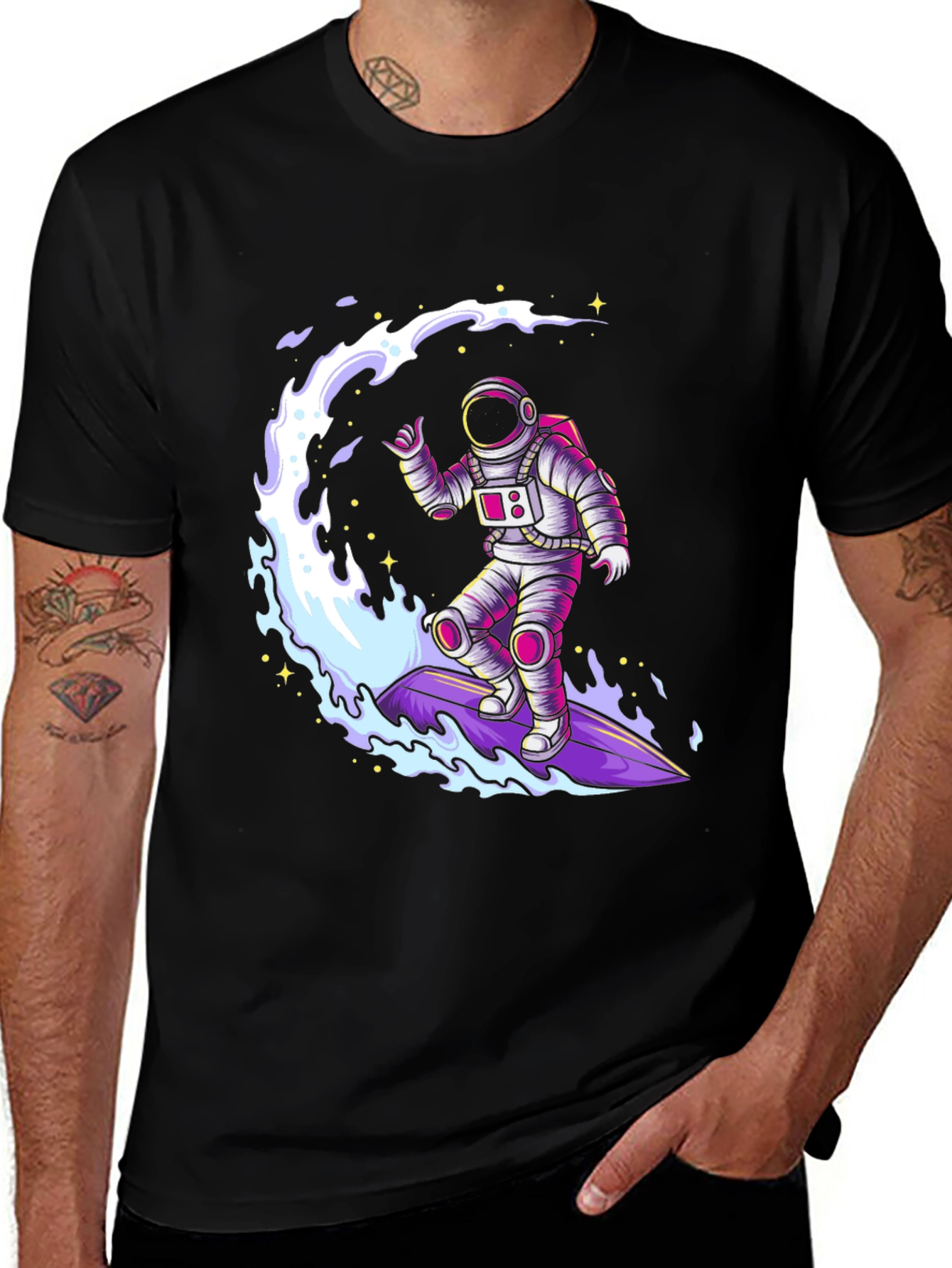 Variant 17 of Astronaut Surfing T-Shirt - Black Graphic Tee