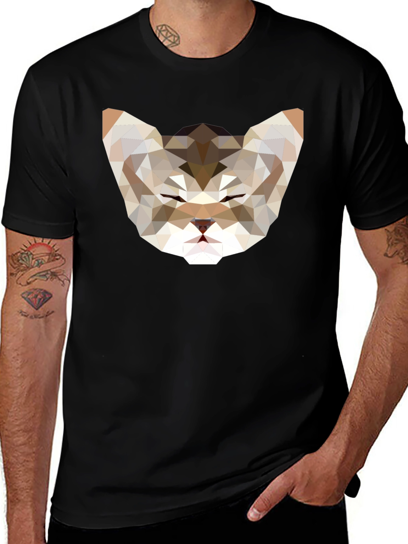 Geometric Cat Face Graphic Black T-Shirt