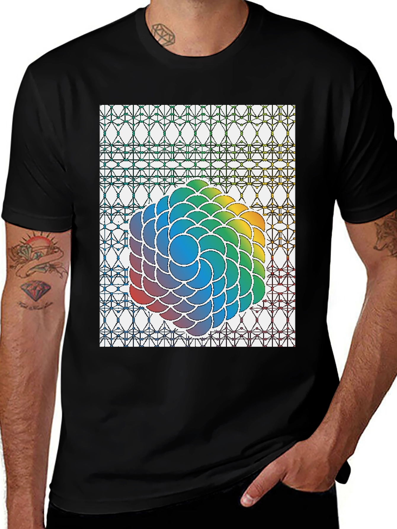 Variant 18 of Geometric Rainbow Graphic Tee - Stylish Black Cotton Blend Shirt