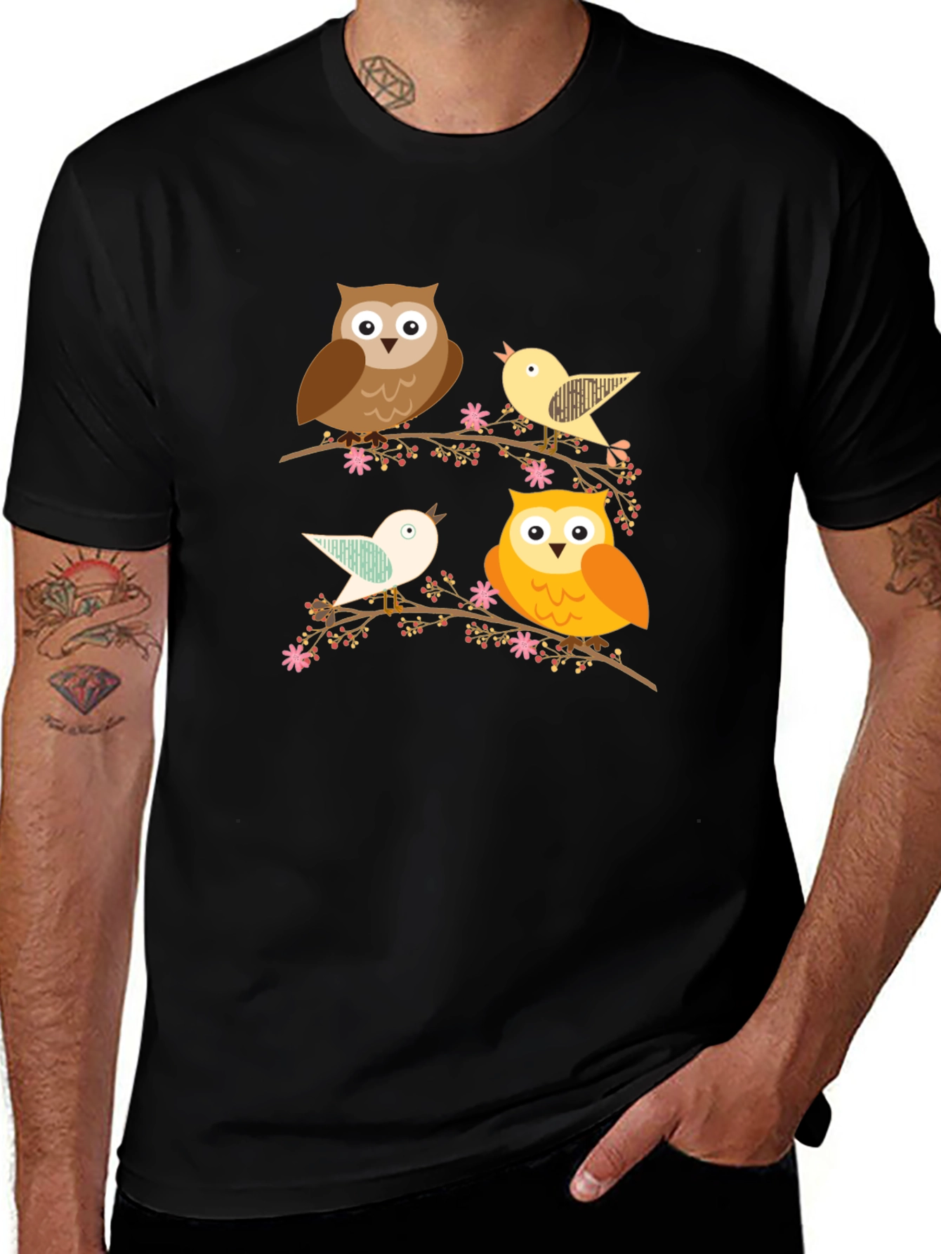 Variant 9 of Cute Owl & Bird Graphic Black T-Shirt