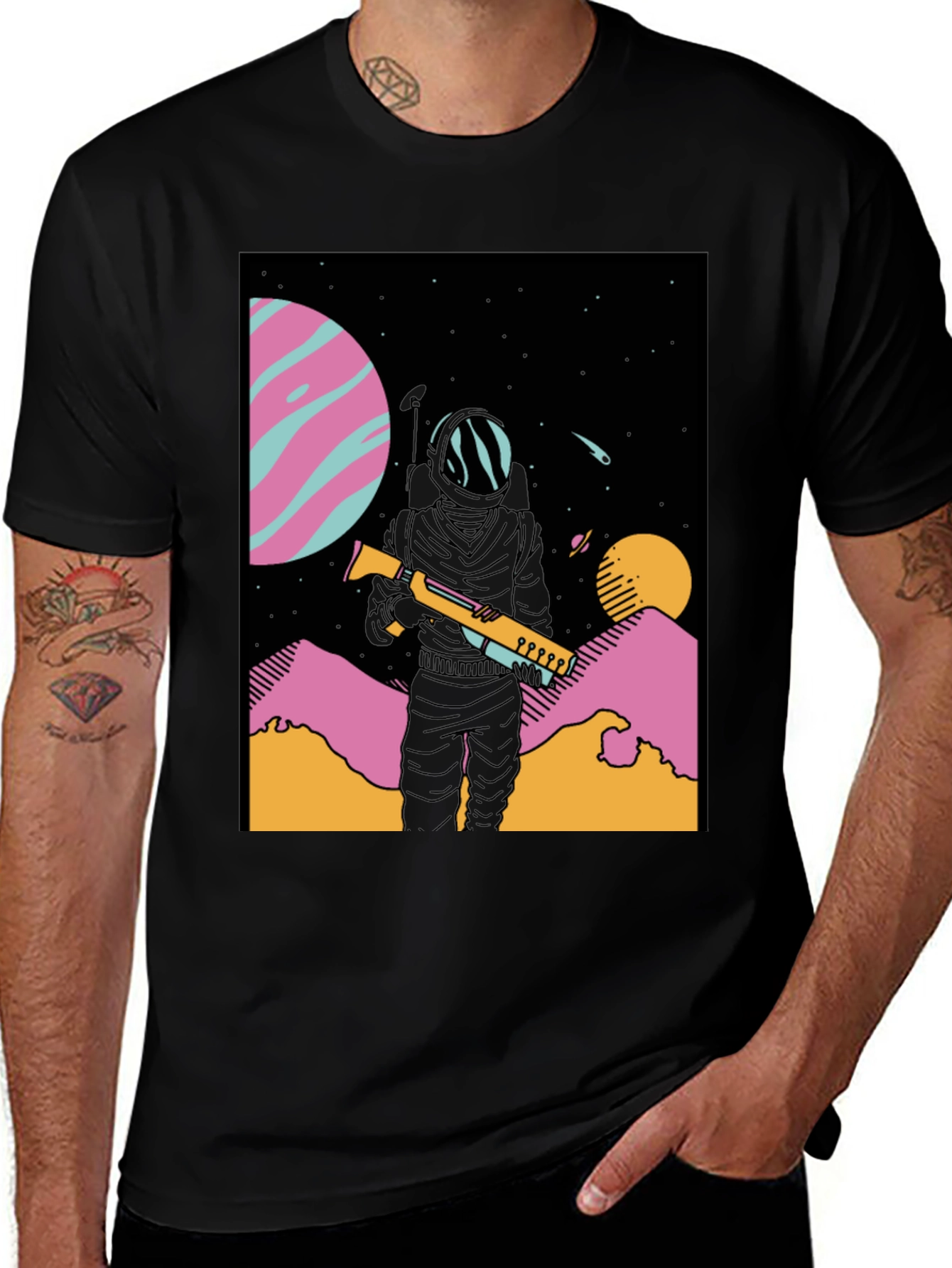Variant 16 of Cosmic Explorer Graphic Tee - Black Cotton Astronaut Shirt