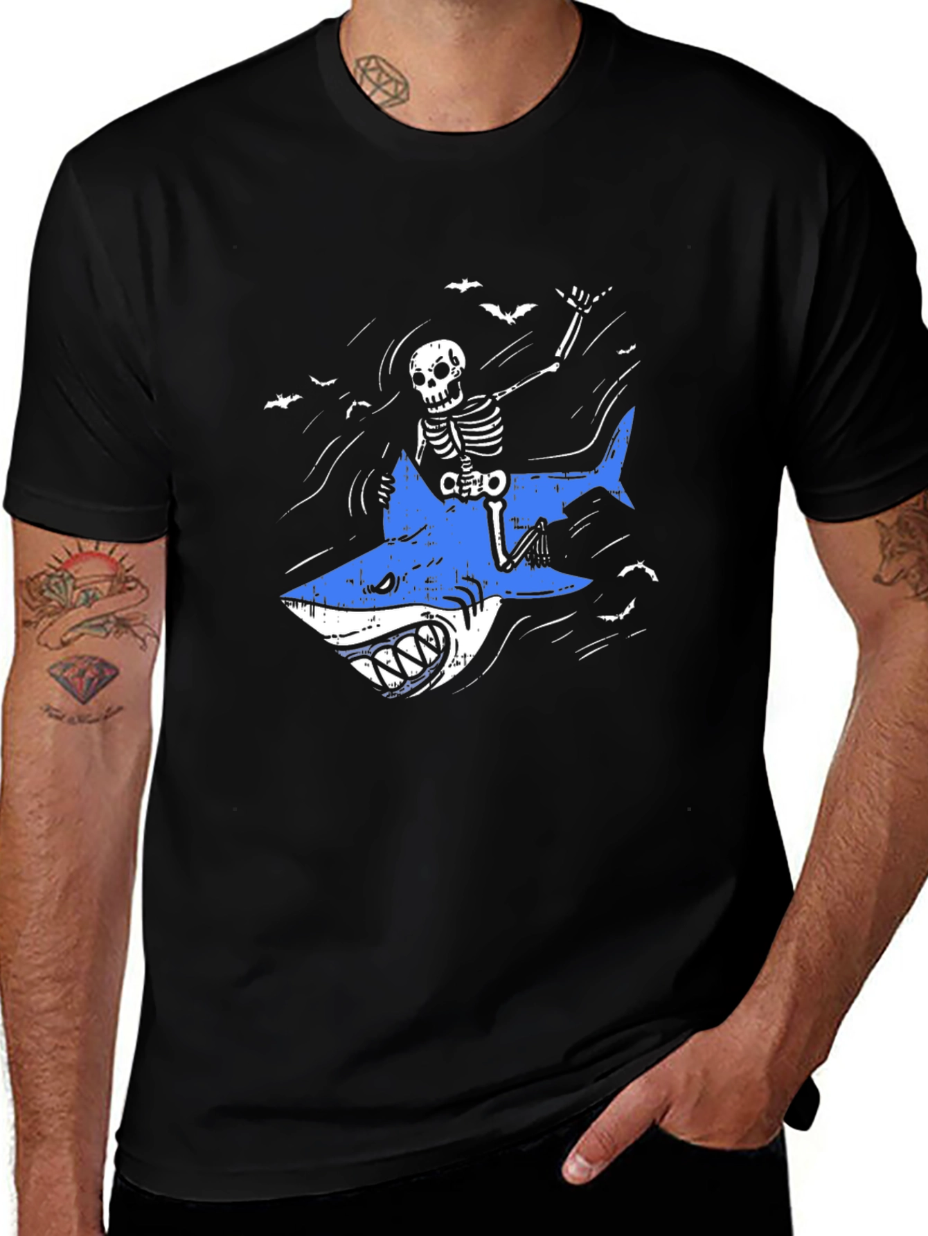 Variant 7 of Skeleton Shark Rider Graphic Tee - Black