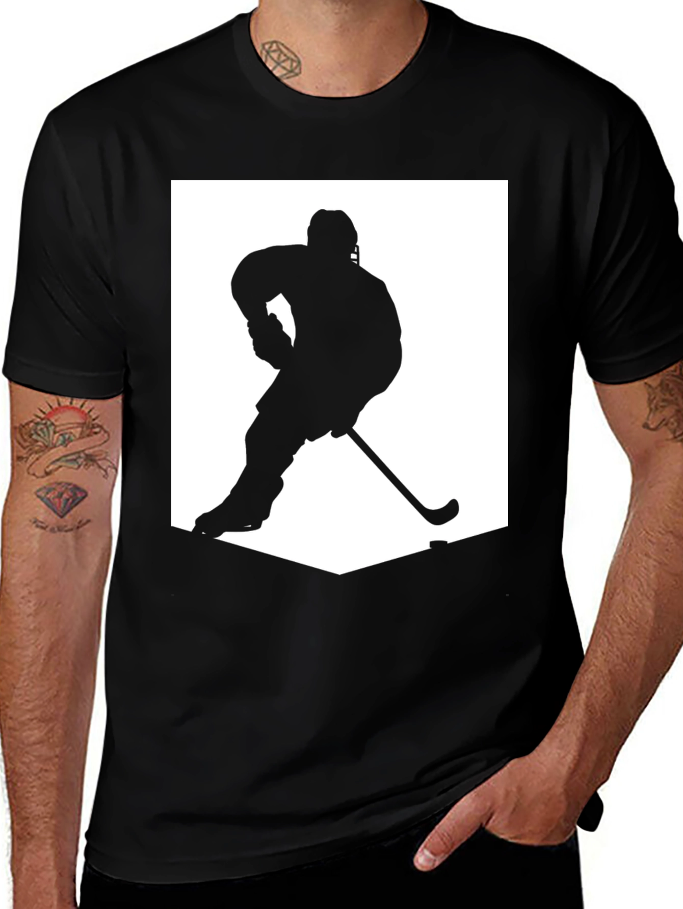 Variant 28 of Hockey Player Silhouette Graphic Tee - Black Cotton Blend