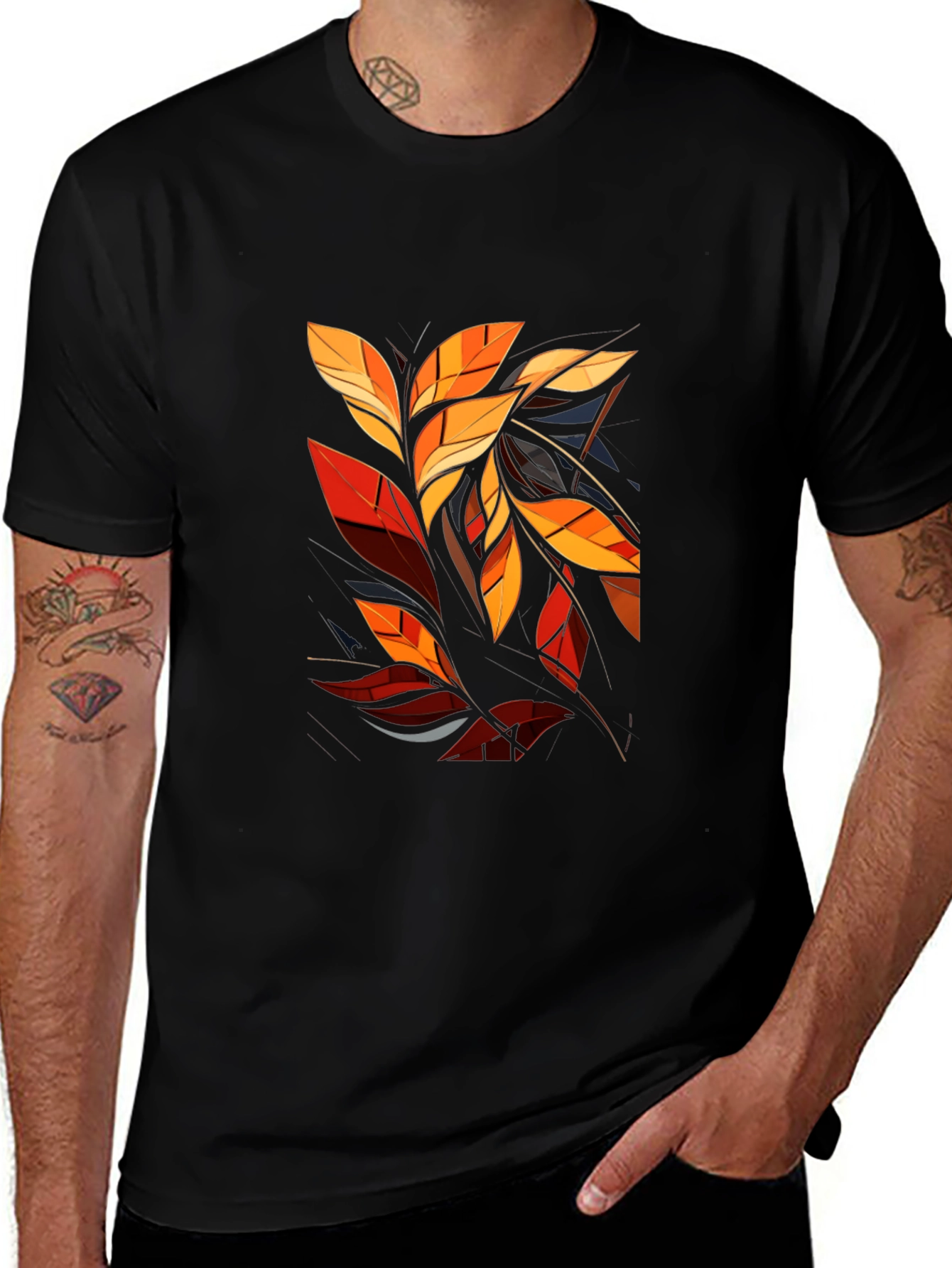 Variant 13 of Abstract Autumn Leaf Graphic Tee - Stylish Men's Black T-Shirt