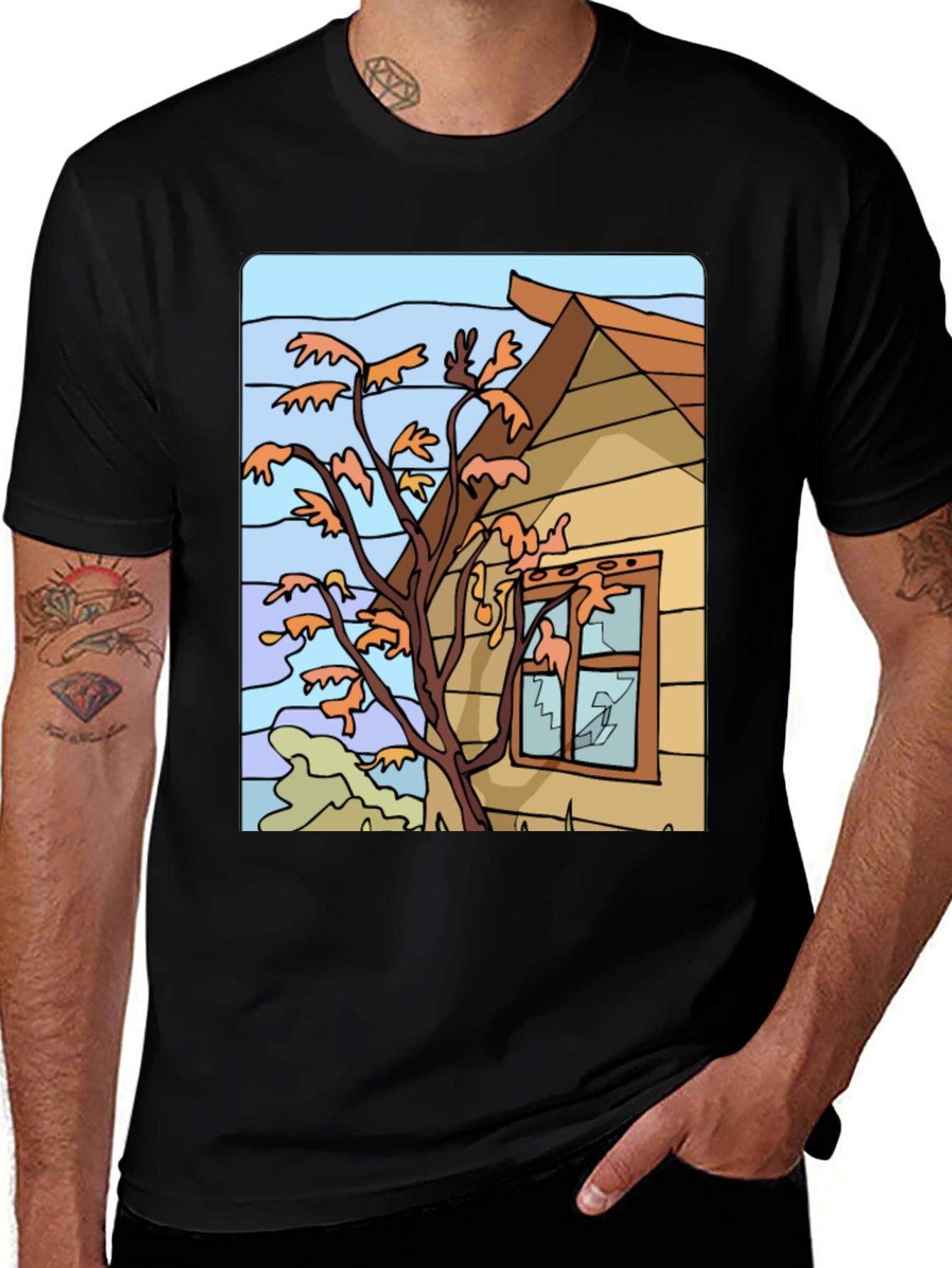 Variant 30 of Cartoon Autumn Scene Black T-Shirt