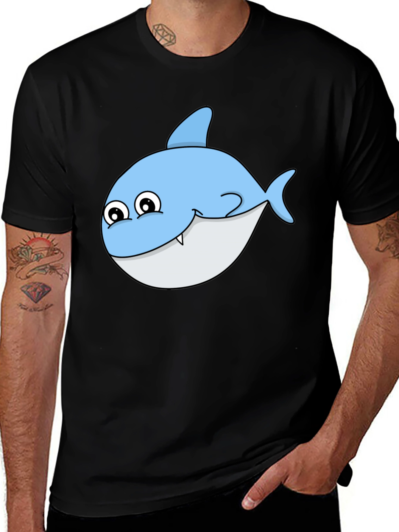 Variant 10 of Cute Cartoon Shark Graphic Tee - Black