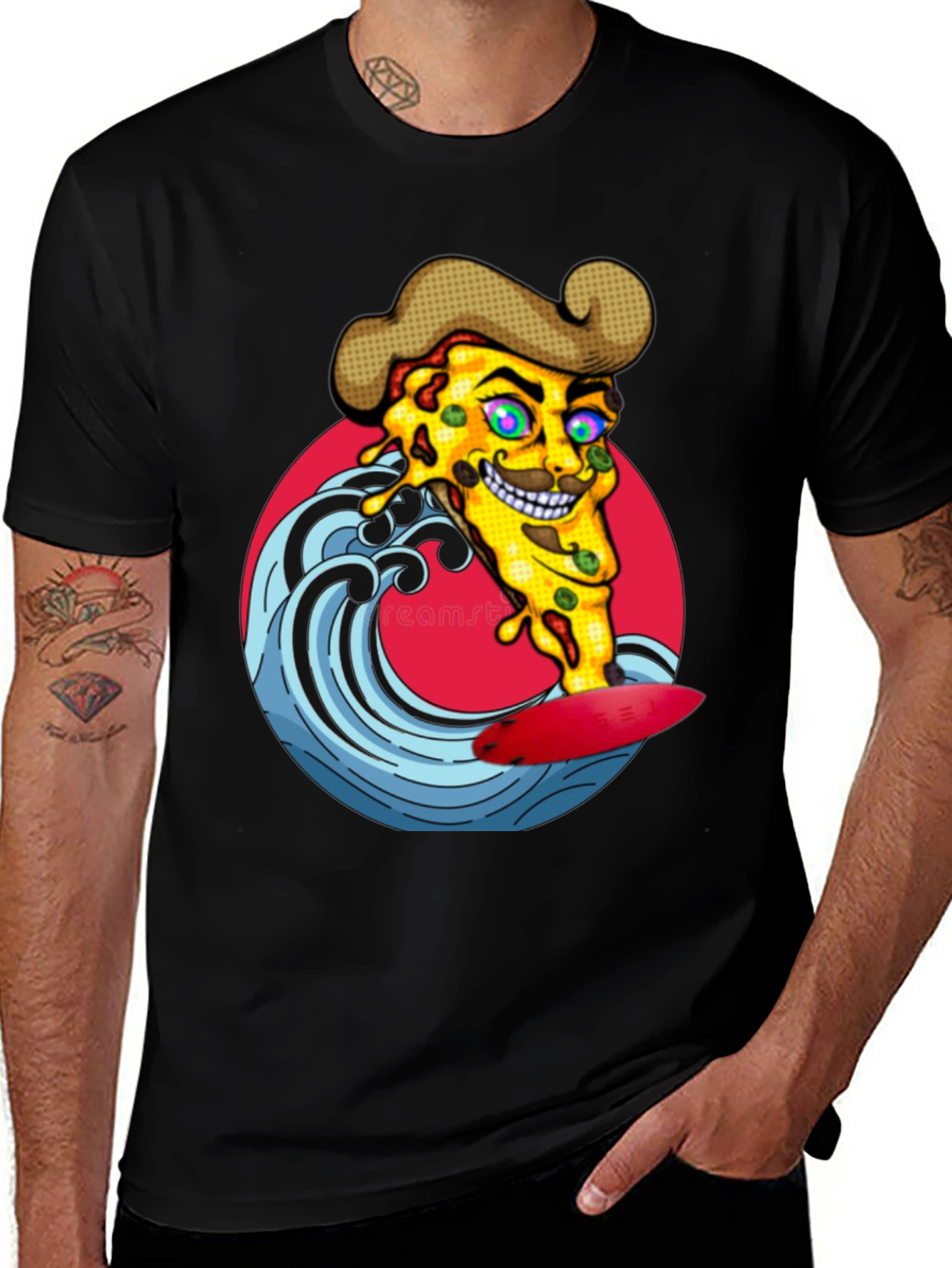 Variant 28 of Pizza Surfer Graphic Tee - Black Cotton T-Shirt