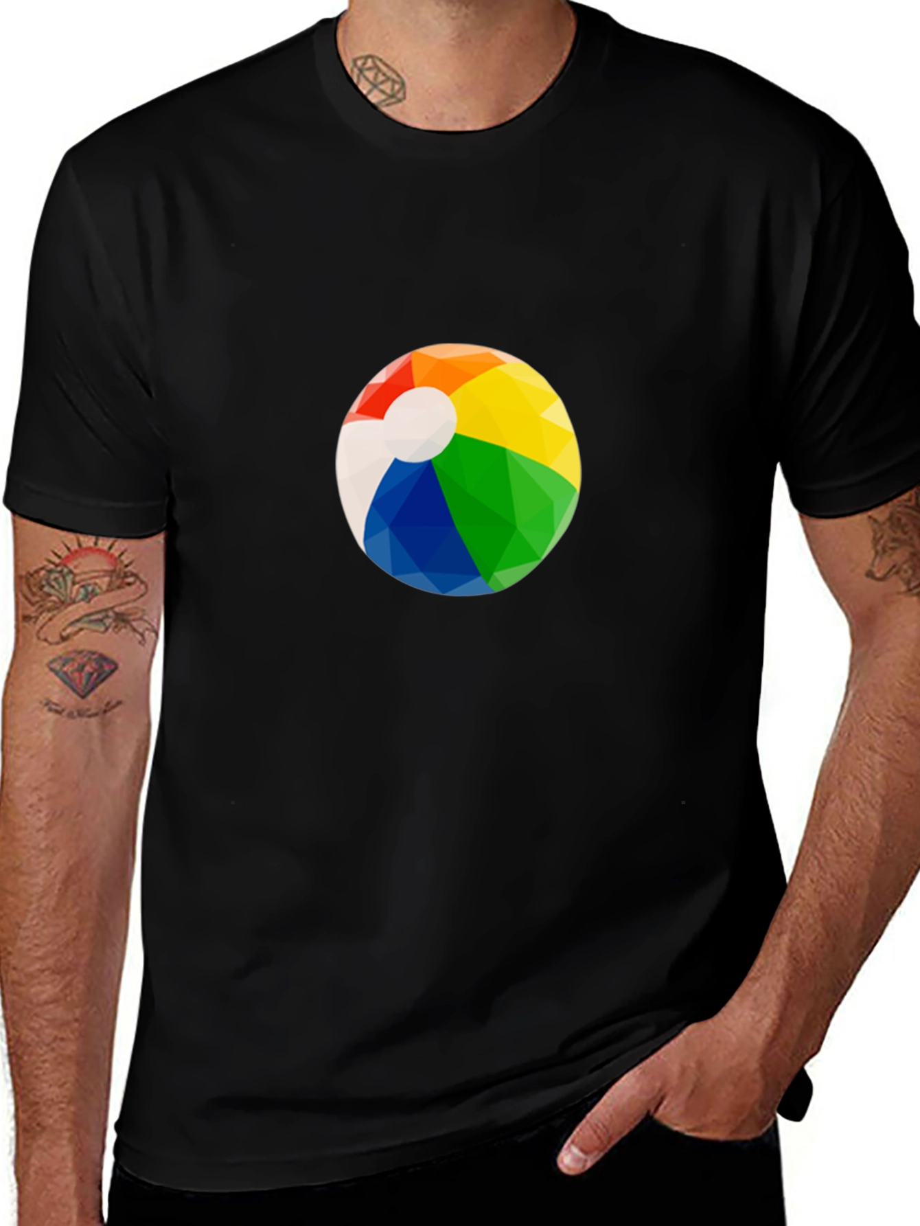 Variant 26 of Men's Black Graphic T-Shirt with Beach Ball Design