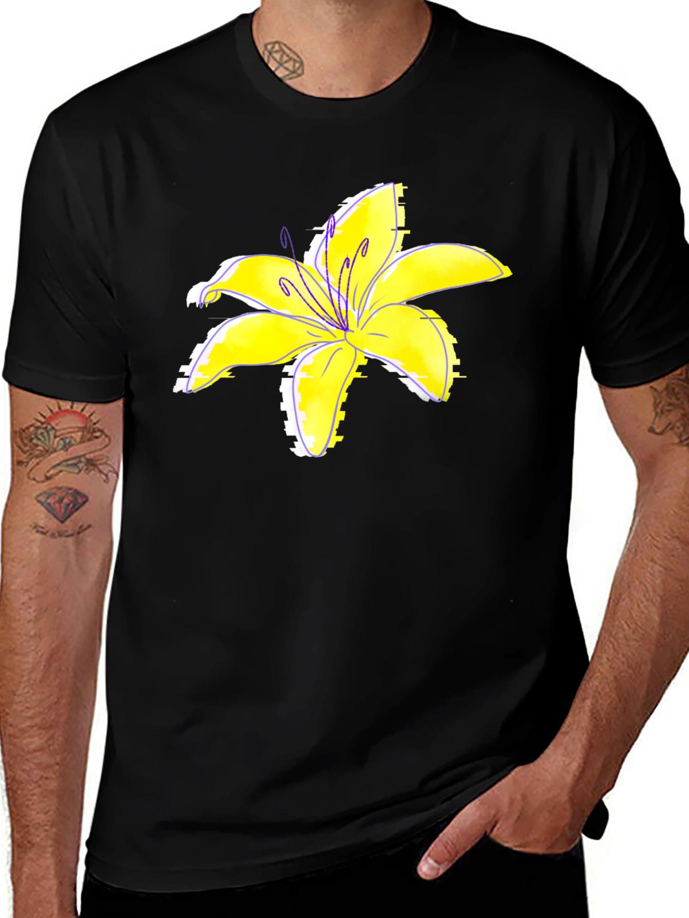 Variant 14 of Black T-Shirt with Yellow Lily Flower Print
