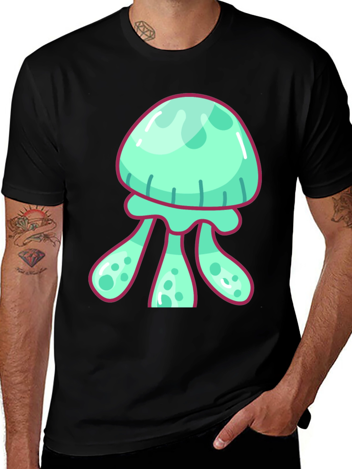 Variant 2 of Cartoon Jellyfish Graphic T-Shirt - Black Cotton Blend