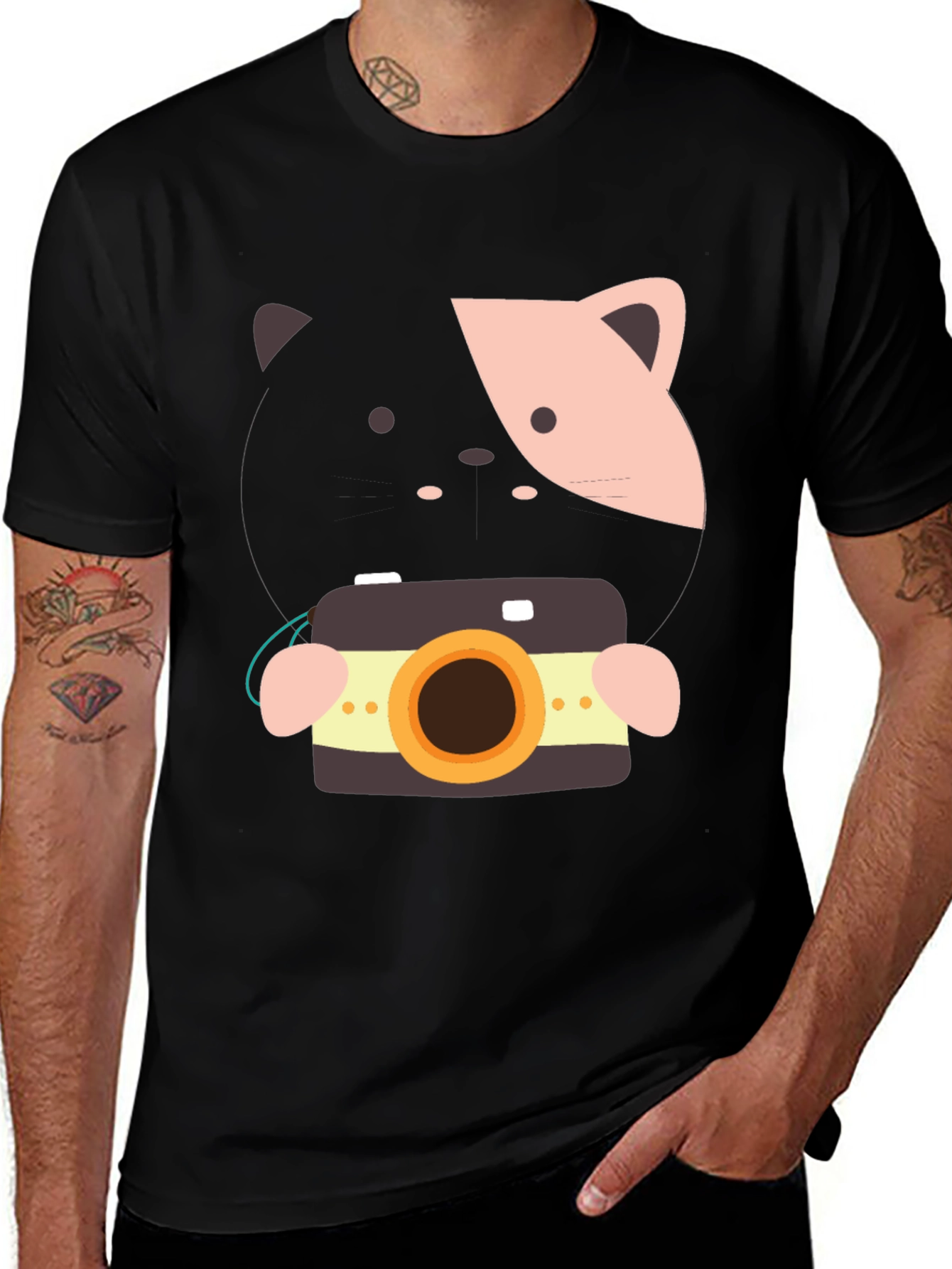 Black Cute Cat with Camera Graphic Tee - Soft Cotton Blend main image