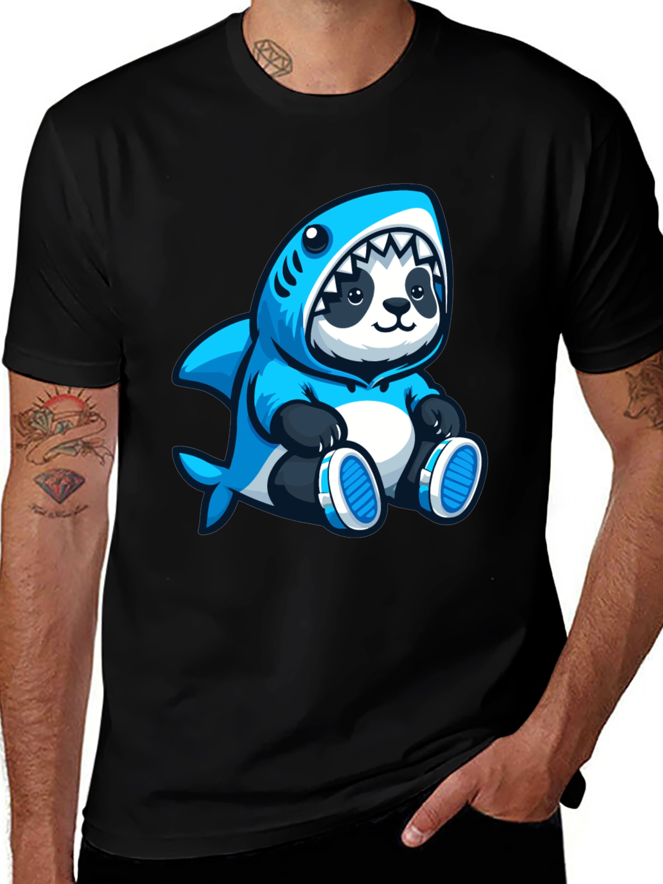 Variant 12 of Panda Shark Hoodie Graphic Tee - Black