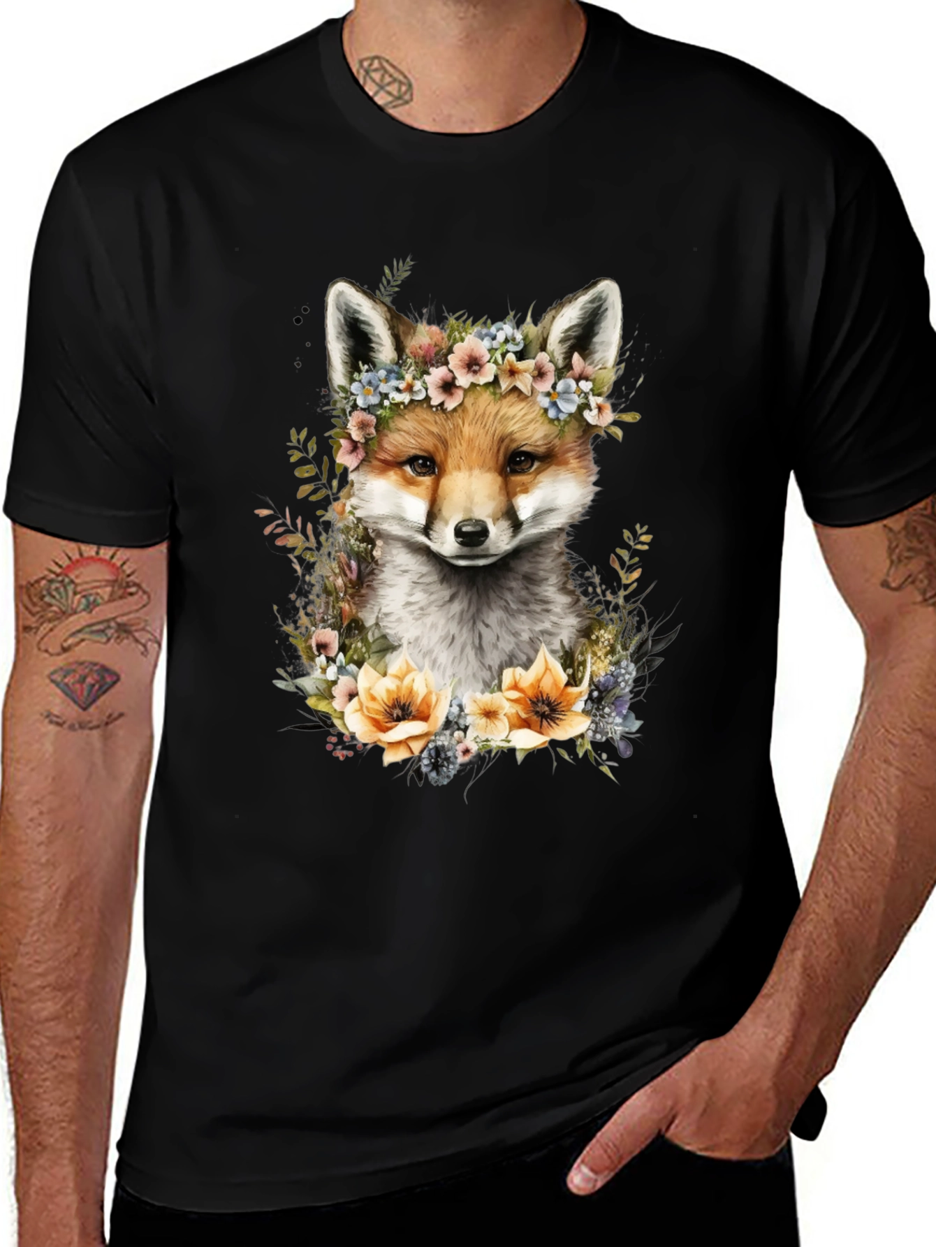 Variant 28 of Fox Floral Wreath Black T-Shirt