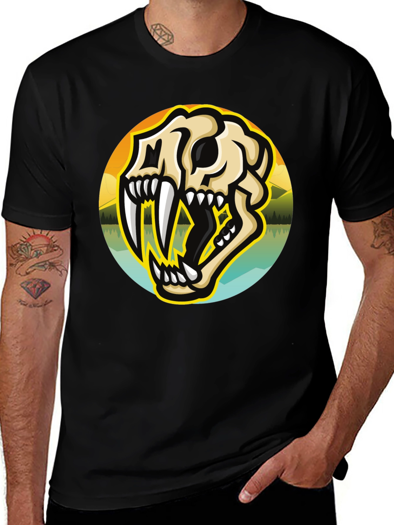 Variant 30 of Sabertooth Skull Graphic Tee - Black Crew Neck T-Shirt