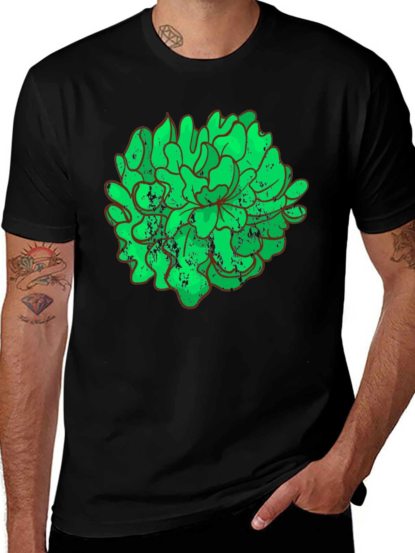 Variant 4 of Men's Black T-Shirt with Green Floral Design