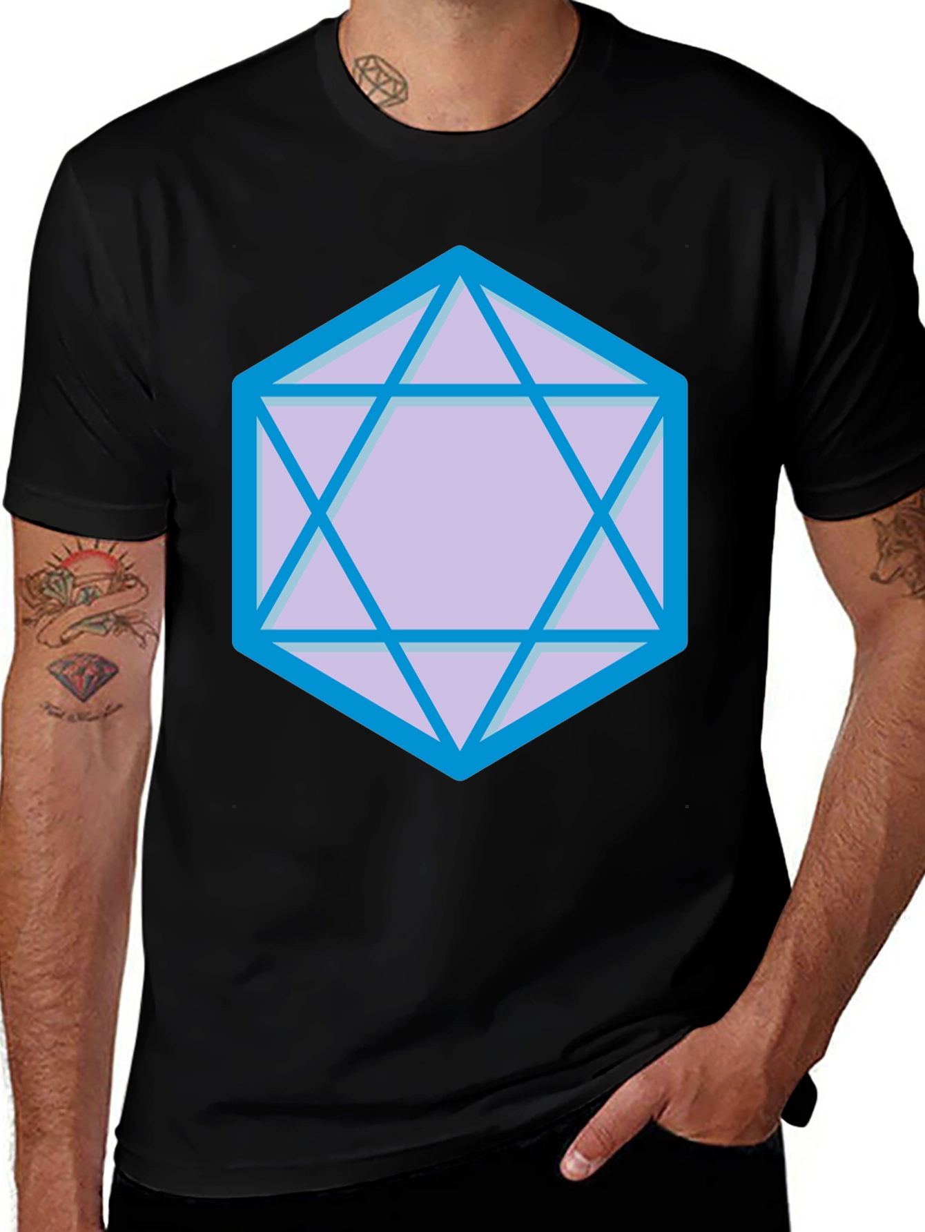 Geometric D20 Dice Graphic Tee - Black Cotton Blend