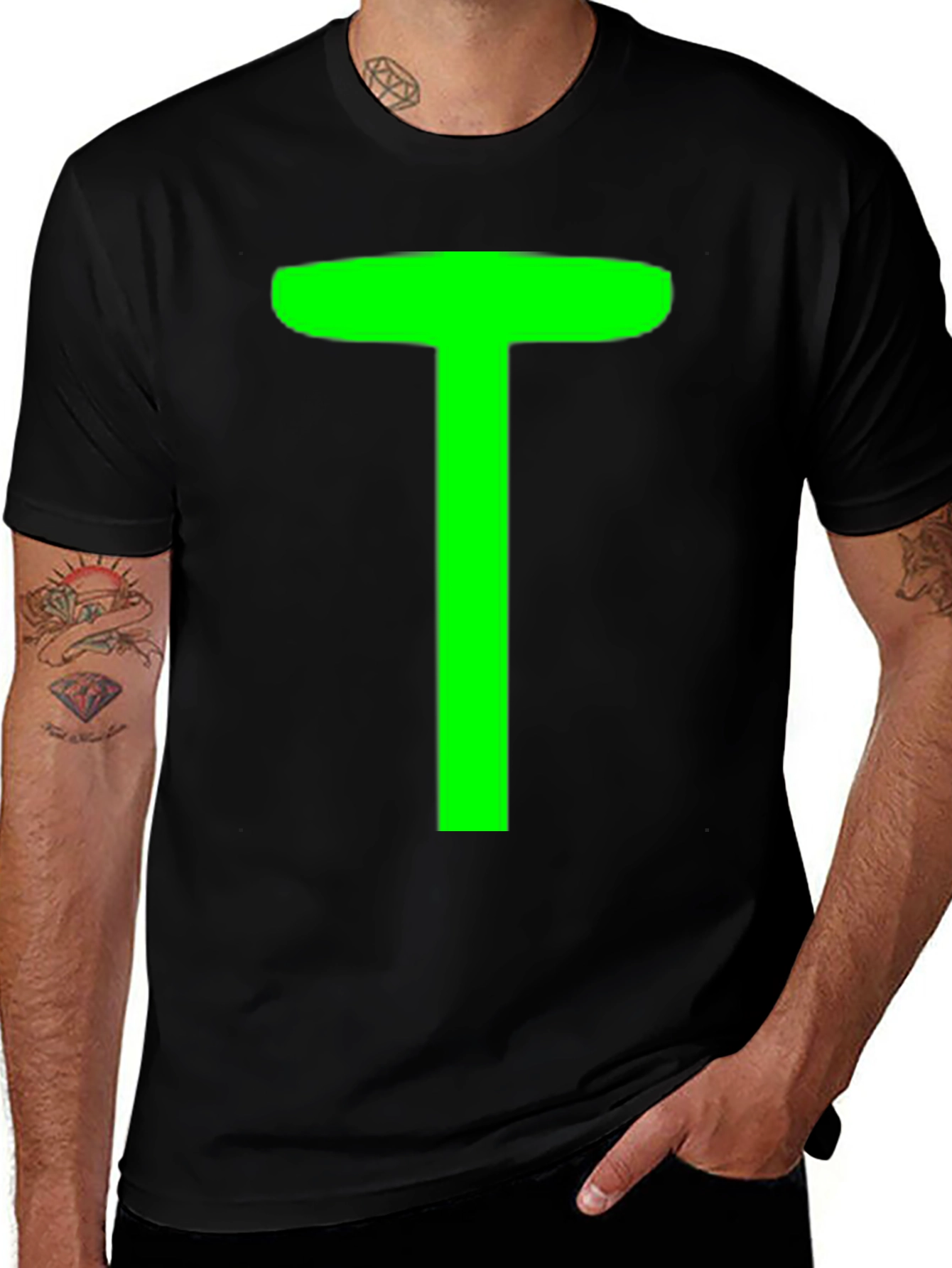 Variant 13 of Green "T" on Black Unisex T-Shirt