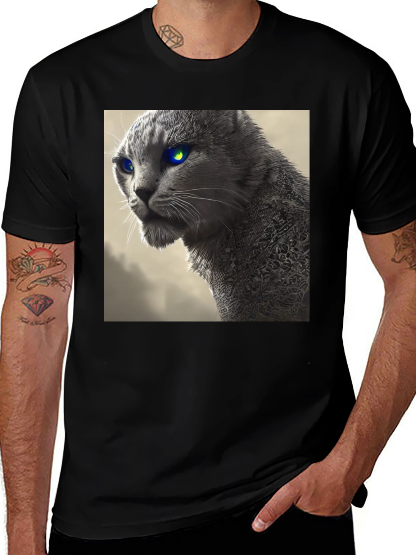 Variant 27 of Mystical Cat Graphic Tee - Black Cotton T-Shirt