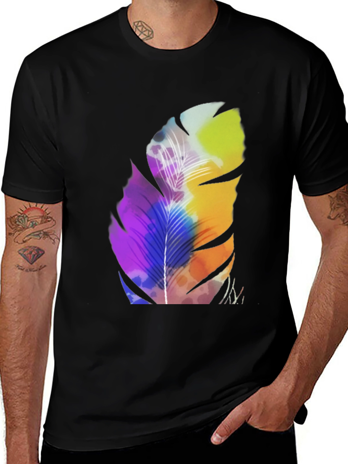 Variant 18 of Vibrant Feather Graphic Tee - Artistic Black T-Shirt