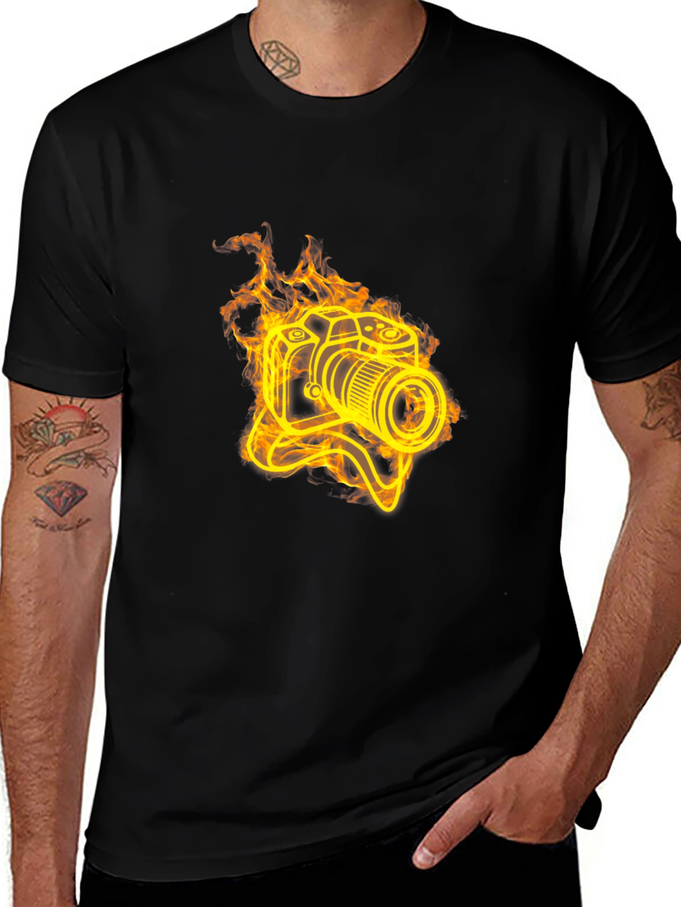Variant 7 of Fiery Camera Graphic Tee - Black Cotton T-Shirt