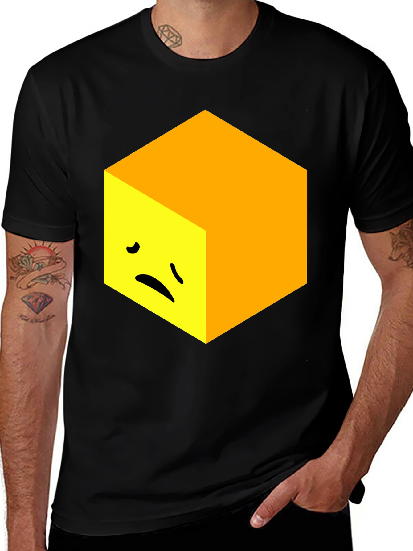 Variant 2 of Sad Cube Graphic Tee - Unique Men's Black T-Shirt