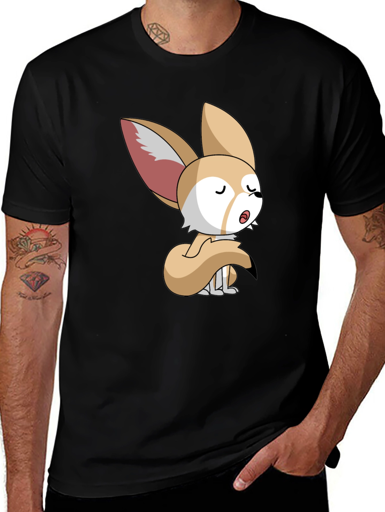 Fennec Fox Cartoon Black T-Shirt