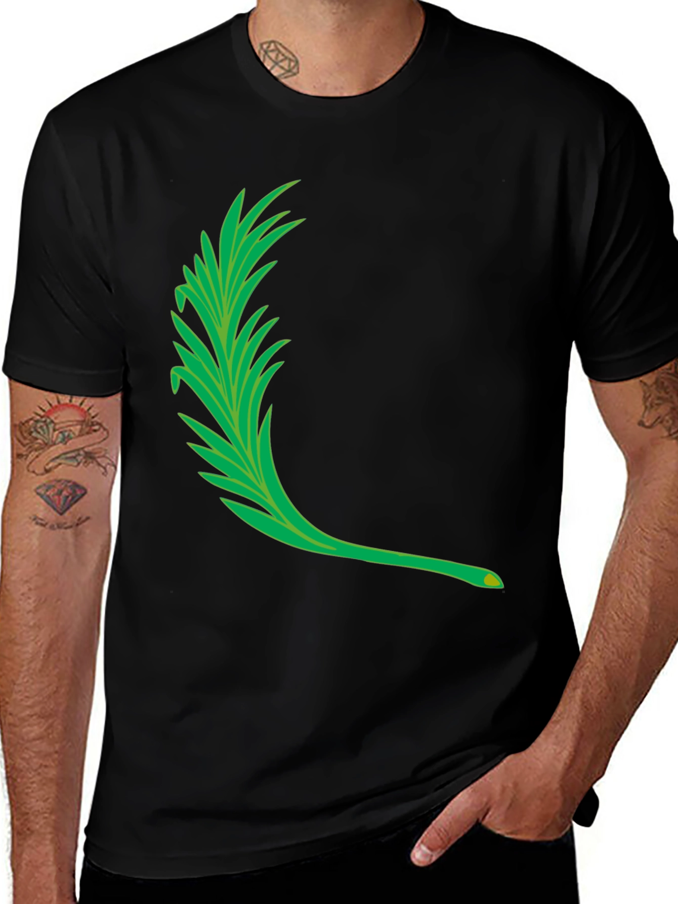 Variant 14 of Men's Black T-Shirt with Green Leaf Graphic