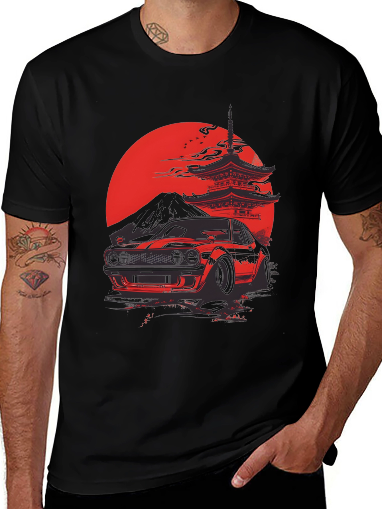 Variant 10 of Red Japanese Car & Temple Black T-Shirt