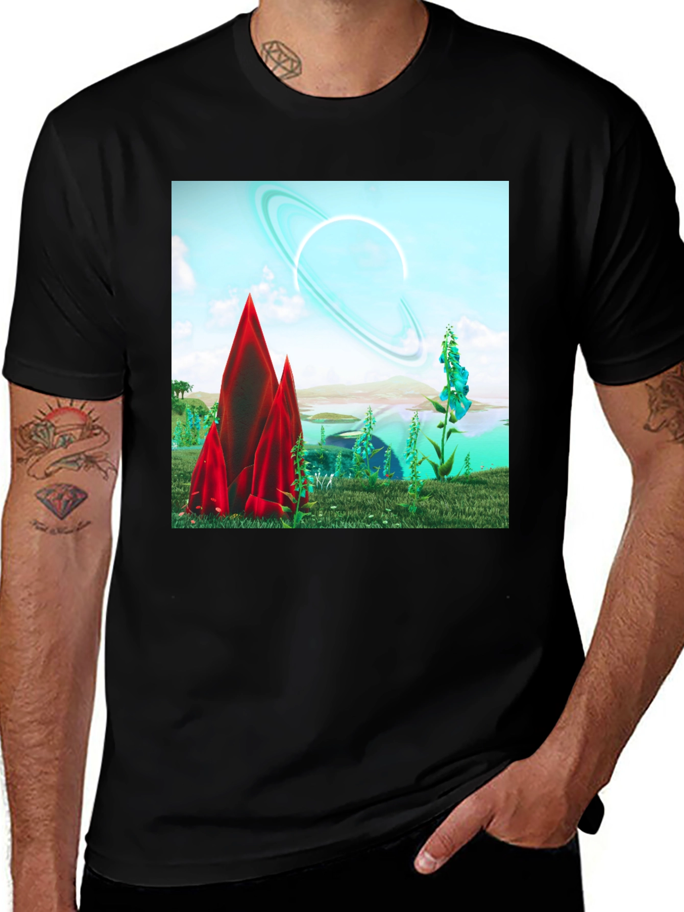 Variant 24 of Sci-Fi Landscape Graphic Tee - Black Cotton T-Shirt
