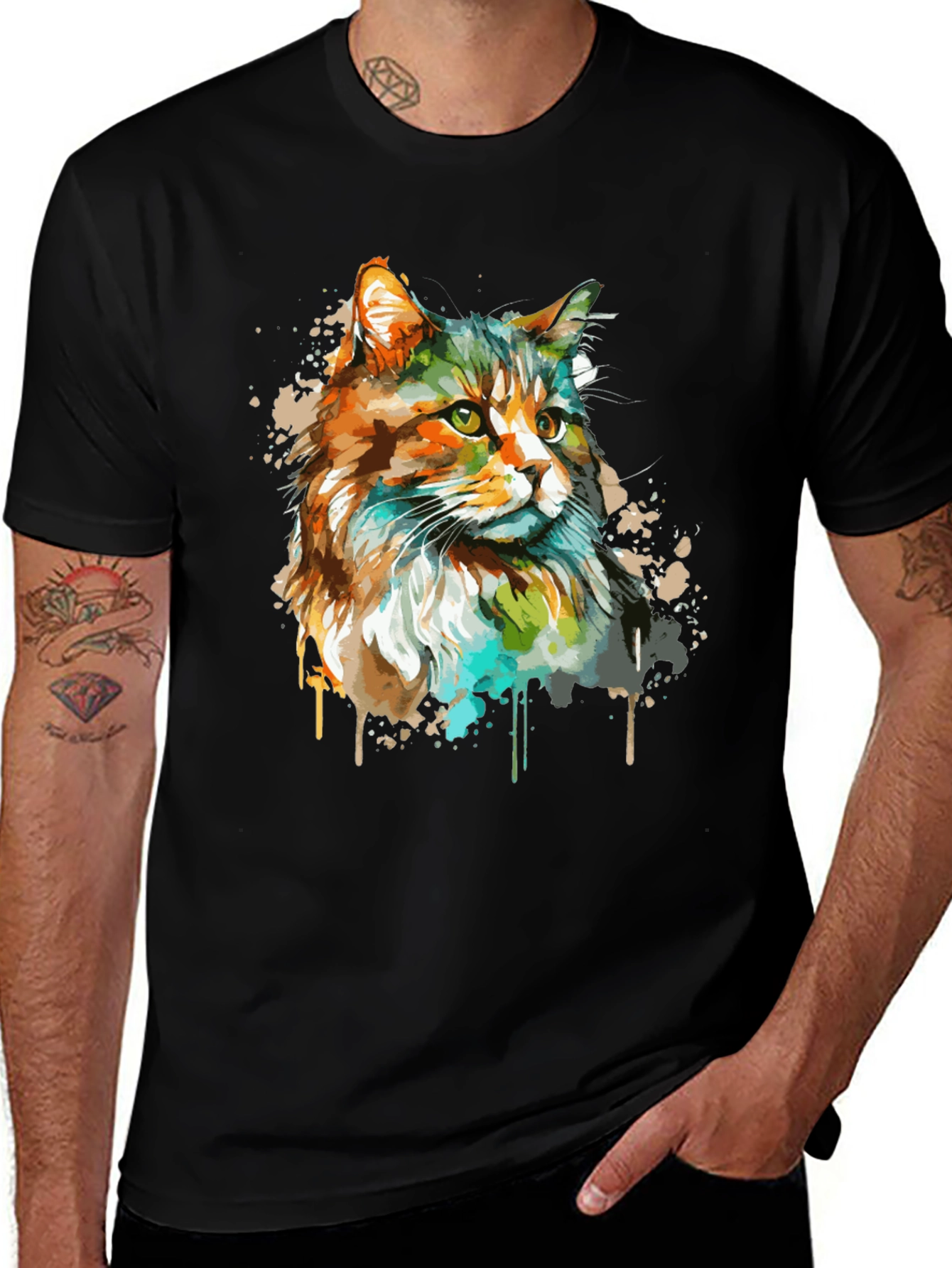 Variant 18 of Watercolor Cat Graphic Tee - Black Cotton T-Shirt