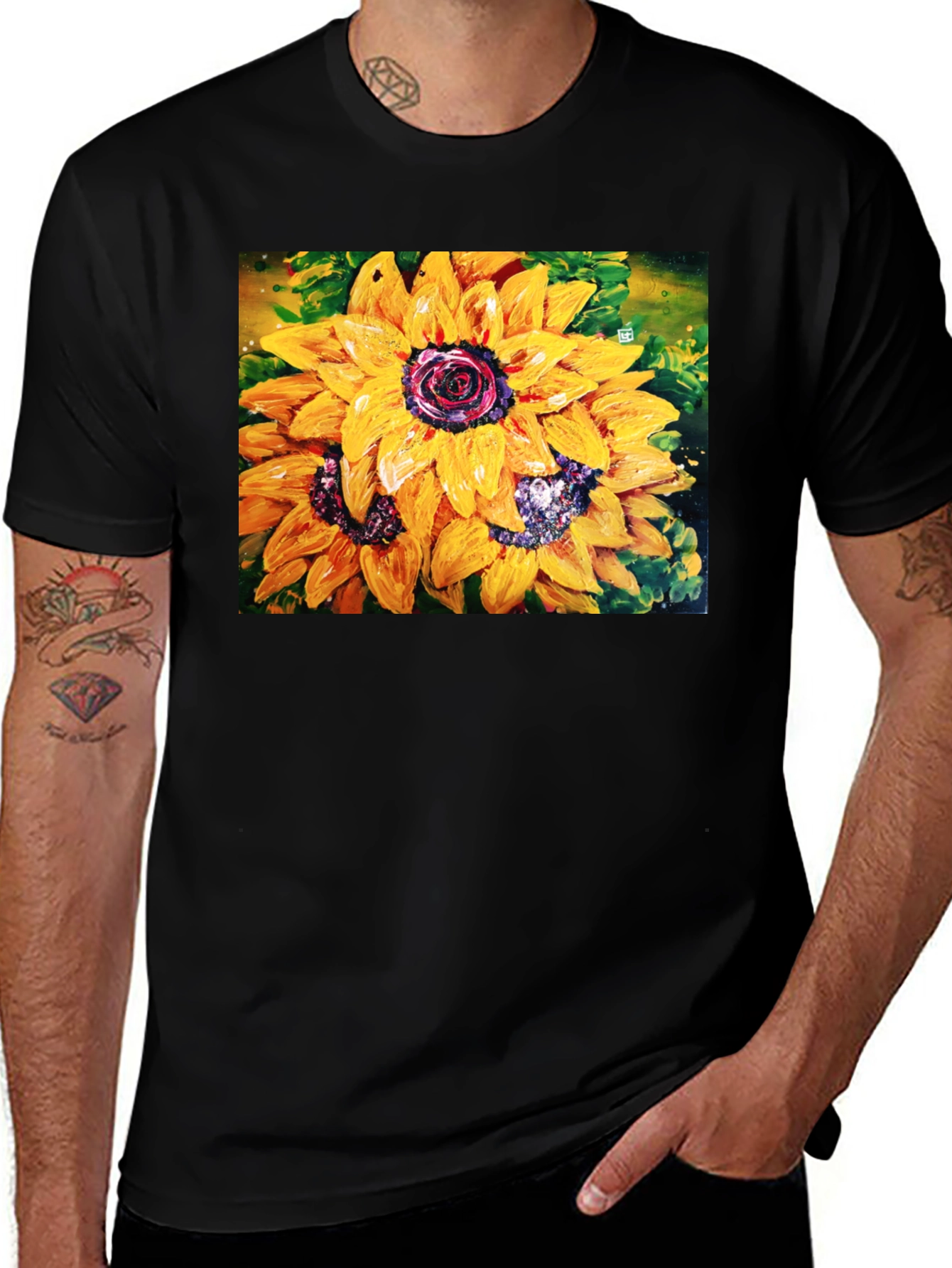 Variant 4 of Sunflower Art Print Black Crew Neck T-Shirt