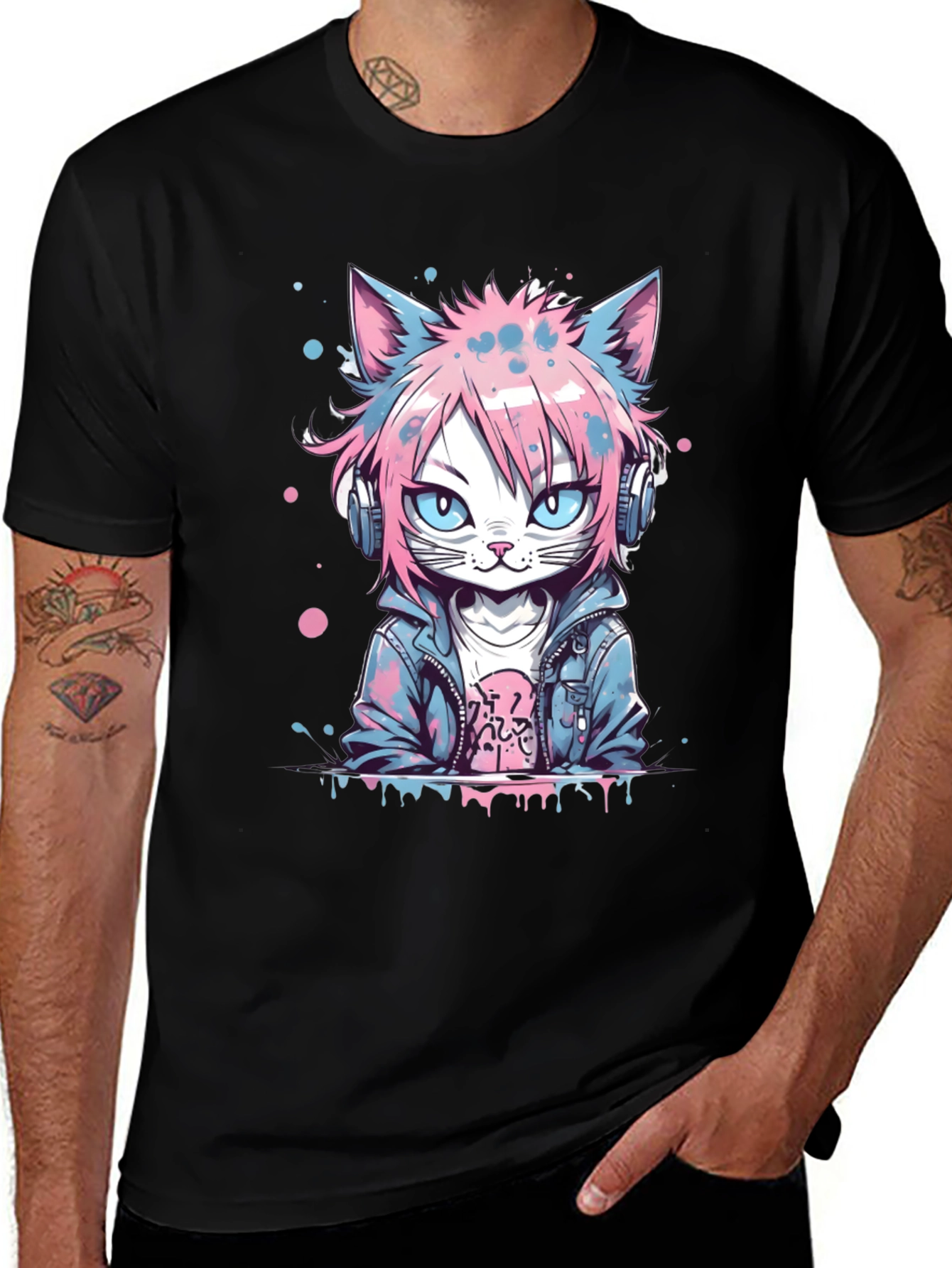 Variant 17 of Anime Cat DJ Graphic Tee - Black Cotton T-Shirt