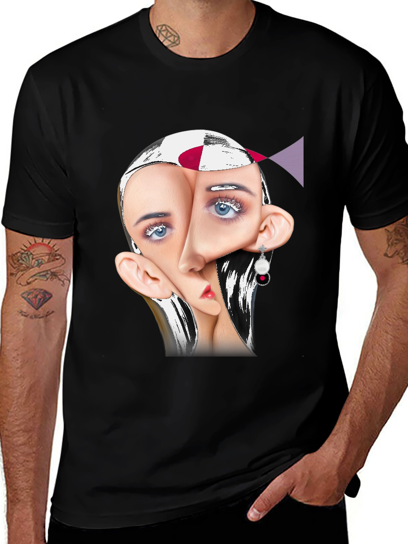Variant 2 of Surreal Face Graphic Print Black Tee