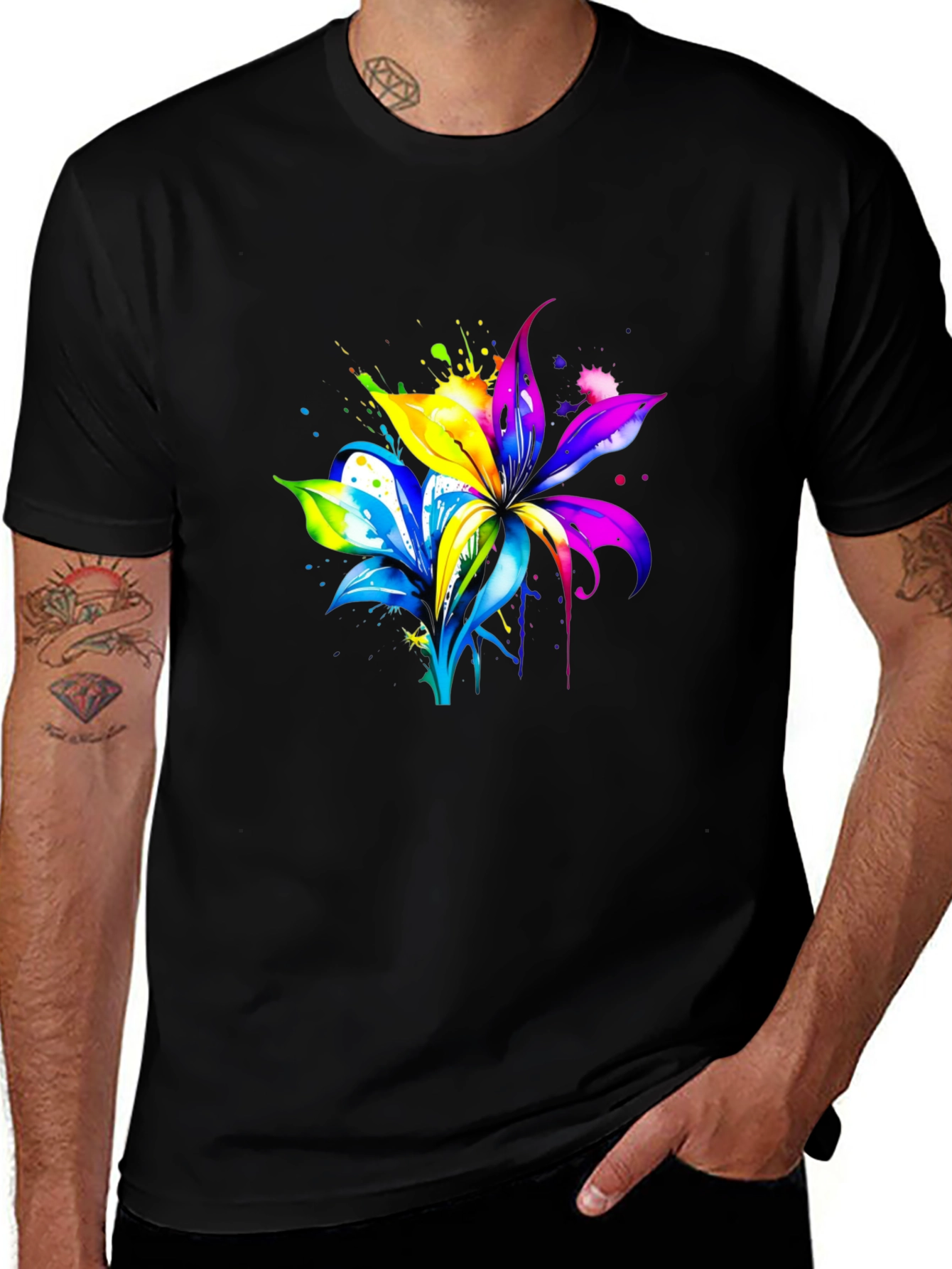 Variant 6 of Colorful Floral Splatter Graphic Black T-Shirt